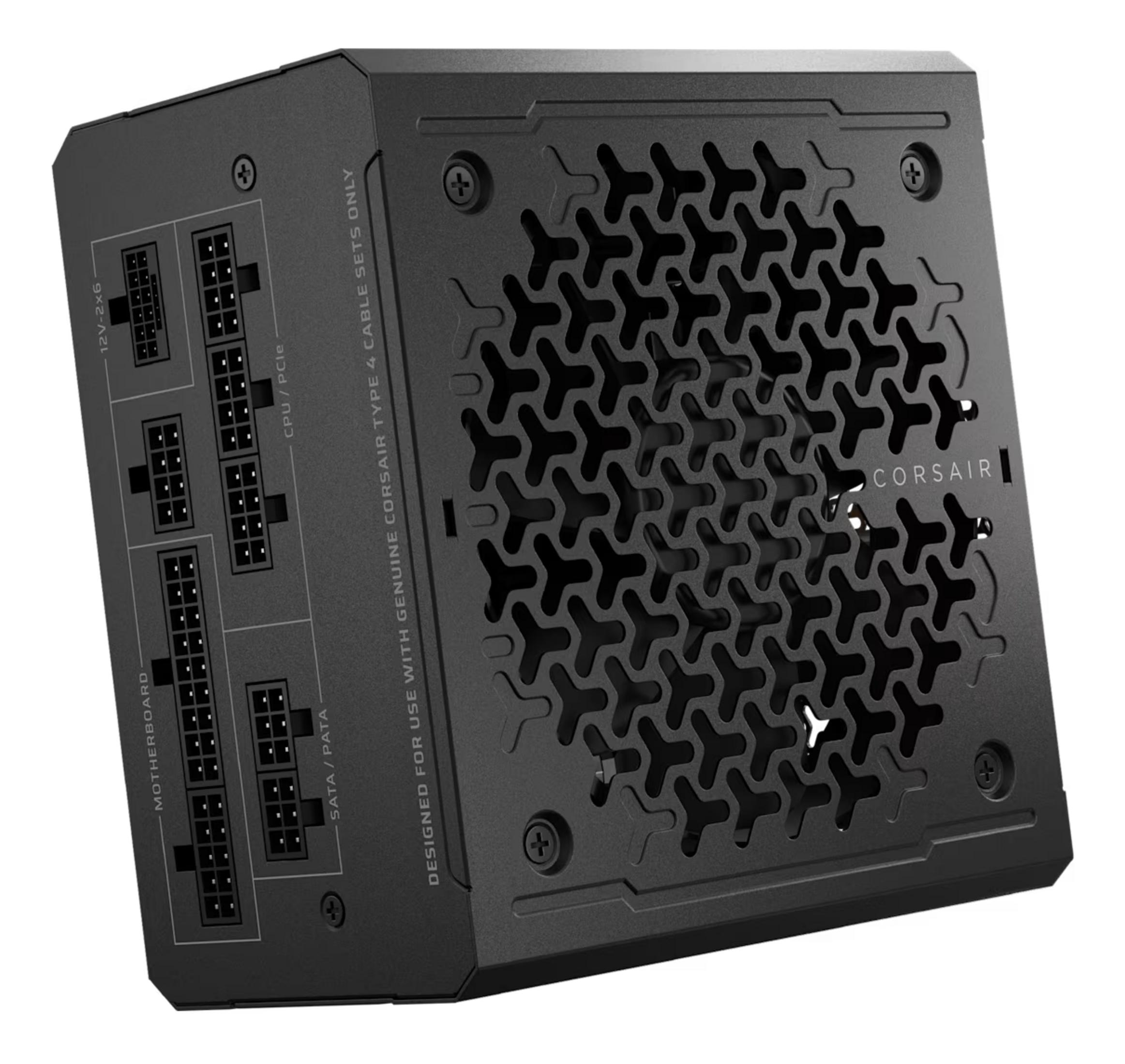 Czarny zasilacz Corsair z portami dla płyty głównej, CPU i SATA.