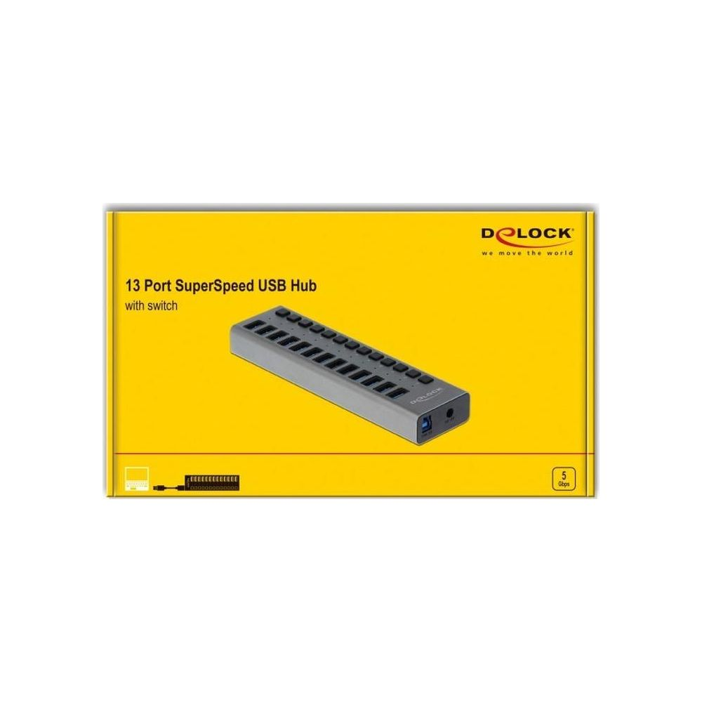 Grauer 13-Port USB-Hub mit Schaltern und silbernem Gehäuse auf gelbem Karton.