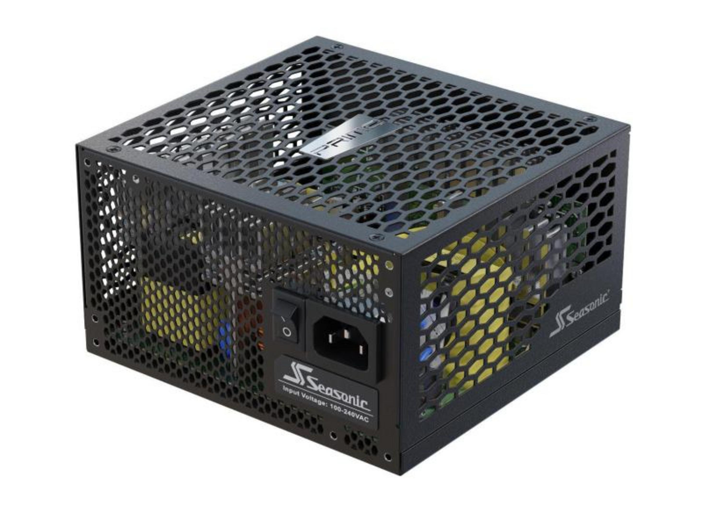 Zwarte computer voeding met honingraatgrill en gele ventilatoren.