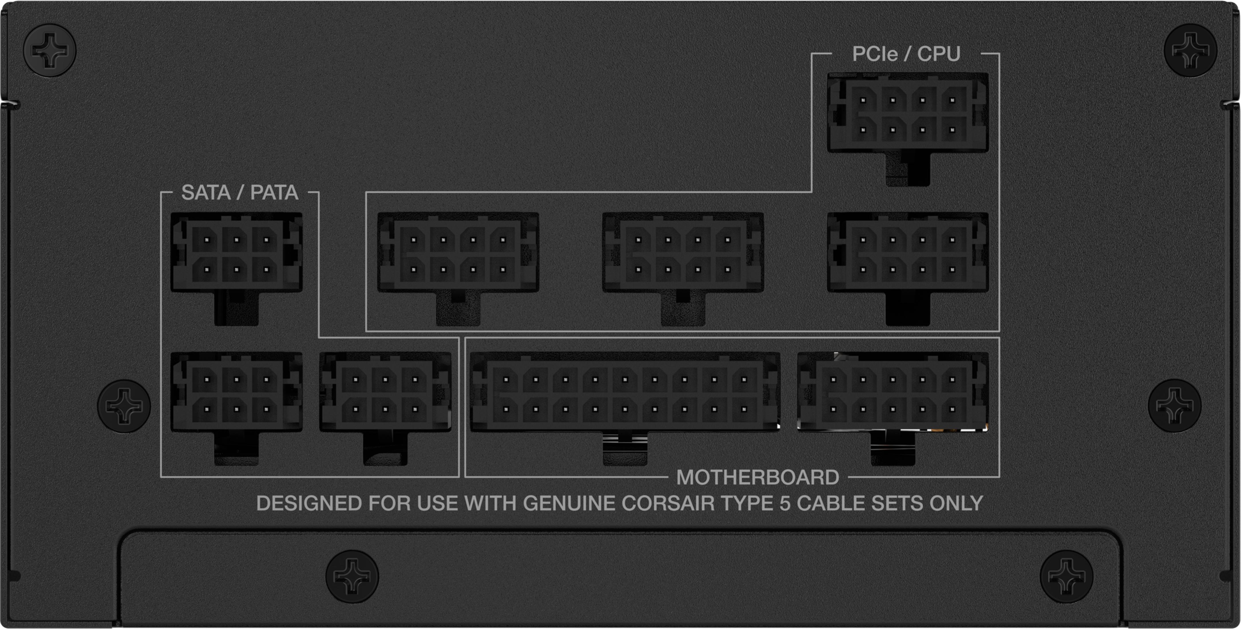 Tylny panel zasilacza z oznakowanymi portami SATA/PATA, PCIe/CPU i Płyty Głównej.