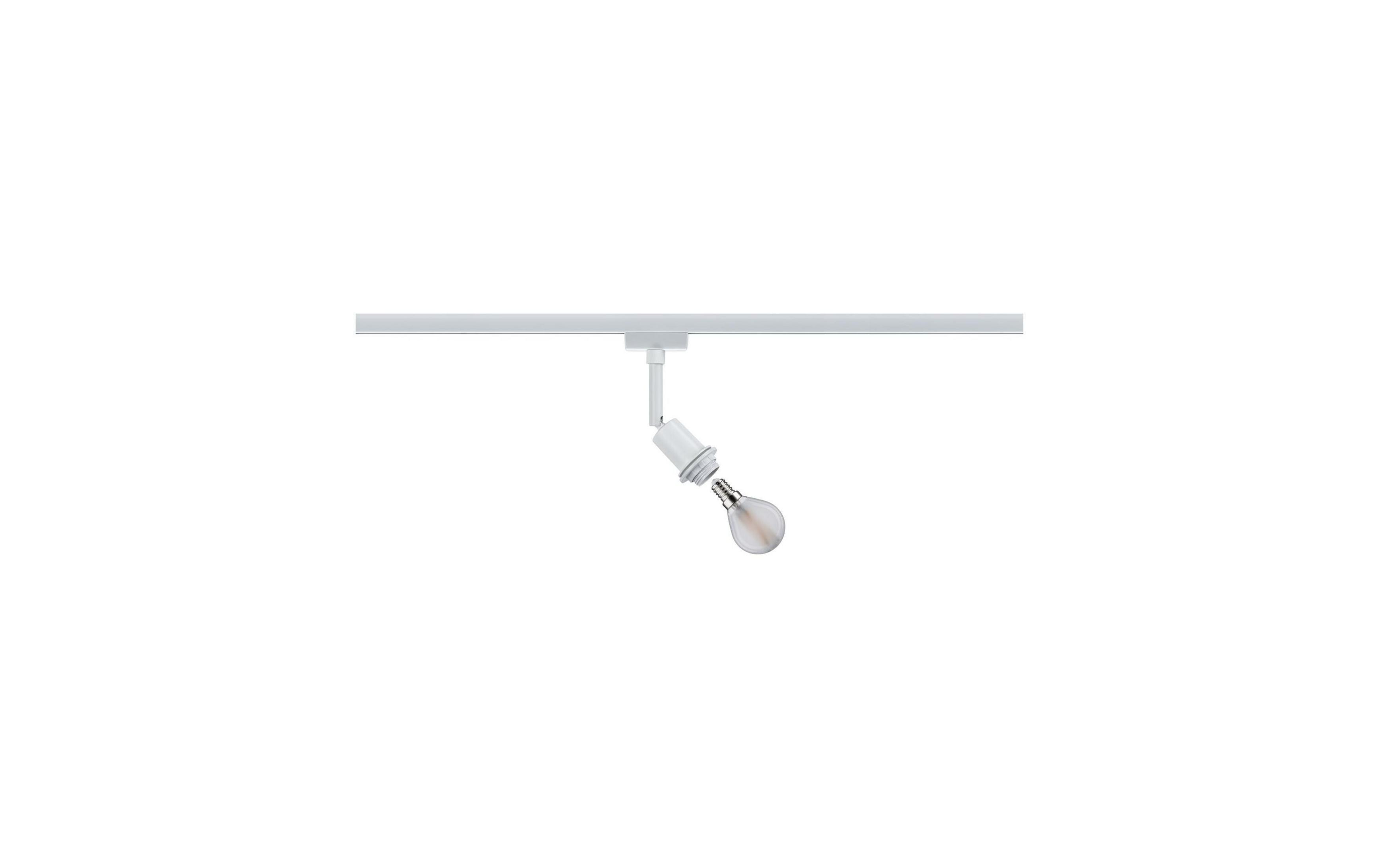 Eine weiße Lampe mit Glühbirne hängt an einer weißen Schiene.
