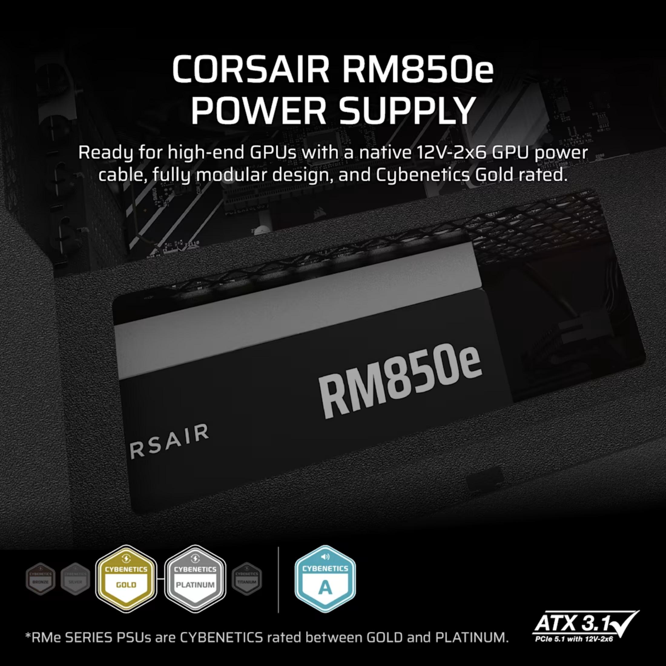 Corsair RM850e voeding met Gold-rating, 12V-2x6 GPU-kabel, modulair.