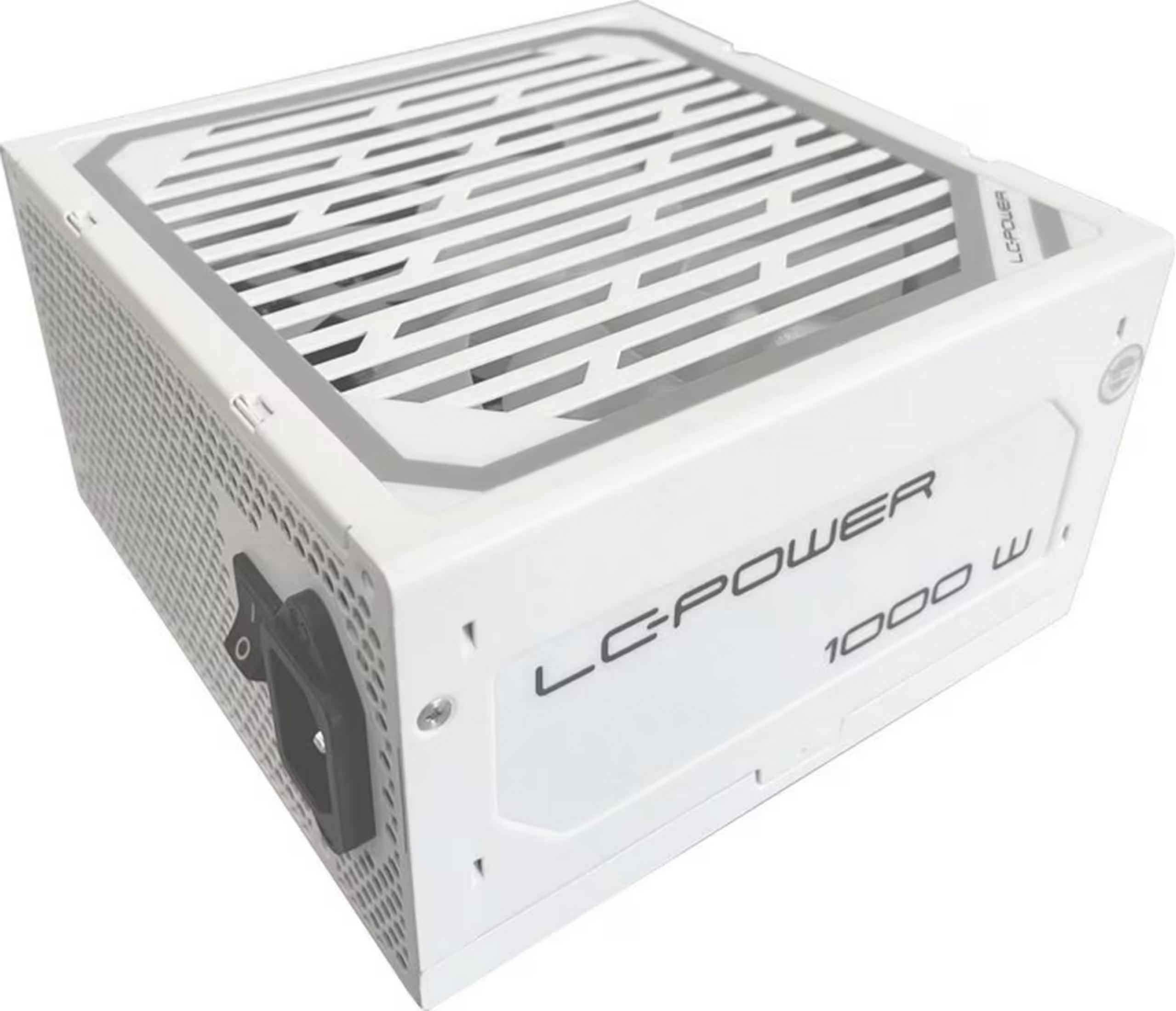 Ein weißes LC-Power Netzteil mit 1000W und Lüftungsschlitzen.