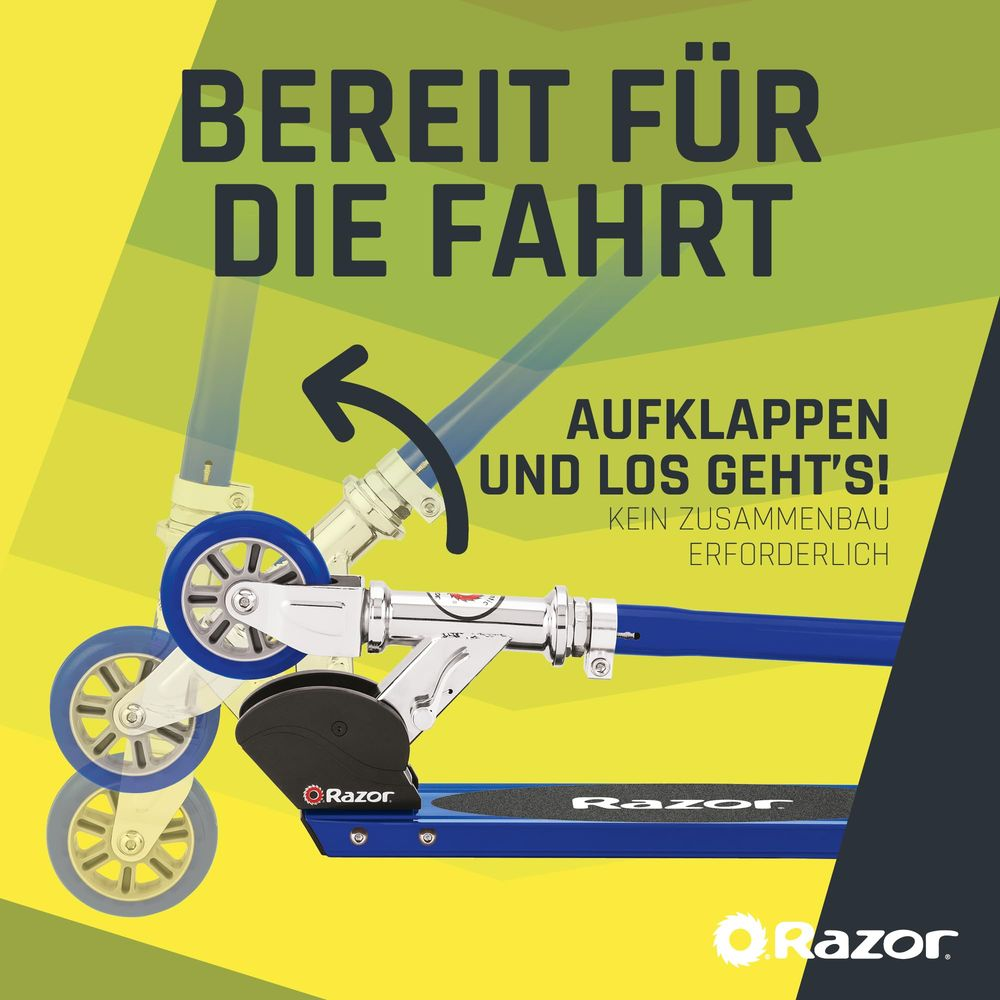 Ein blauer Roller mit der Aufschrift 'Bereit für die Fahrt'. Kein Aufbau nötig.