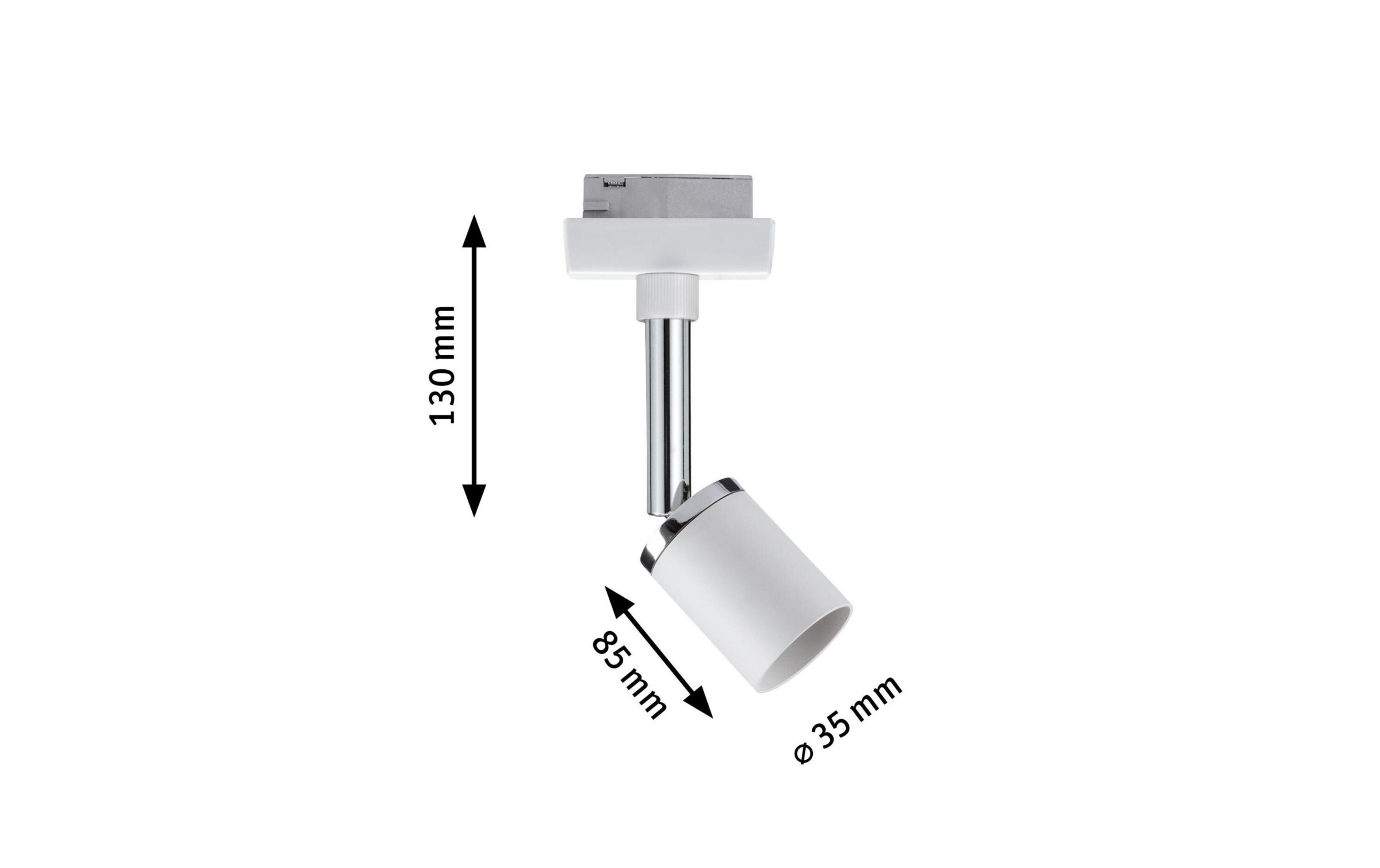 Un faretto da binario bianco con accenti metallici. Dimensioni: 130 mm, 85 mm, 35 mm.