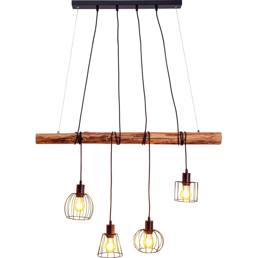 Suspension avec quatre ampoules sur une bûche en bois, noire.
