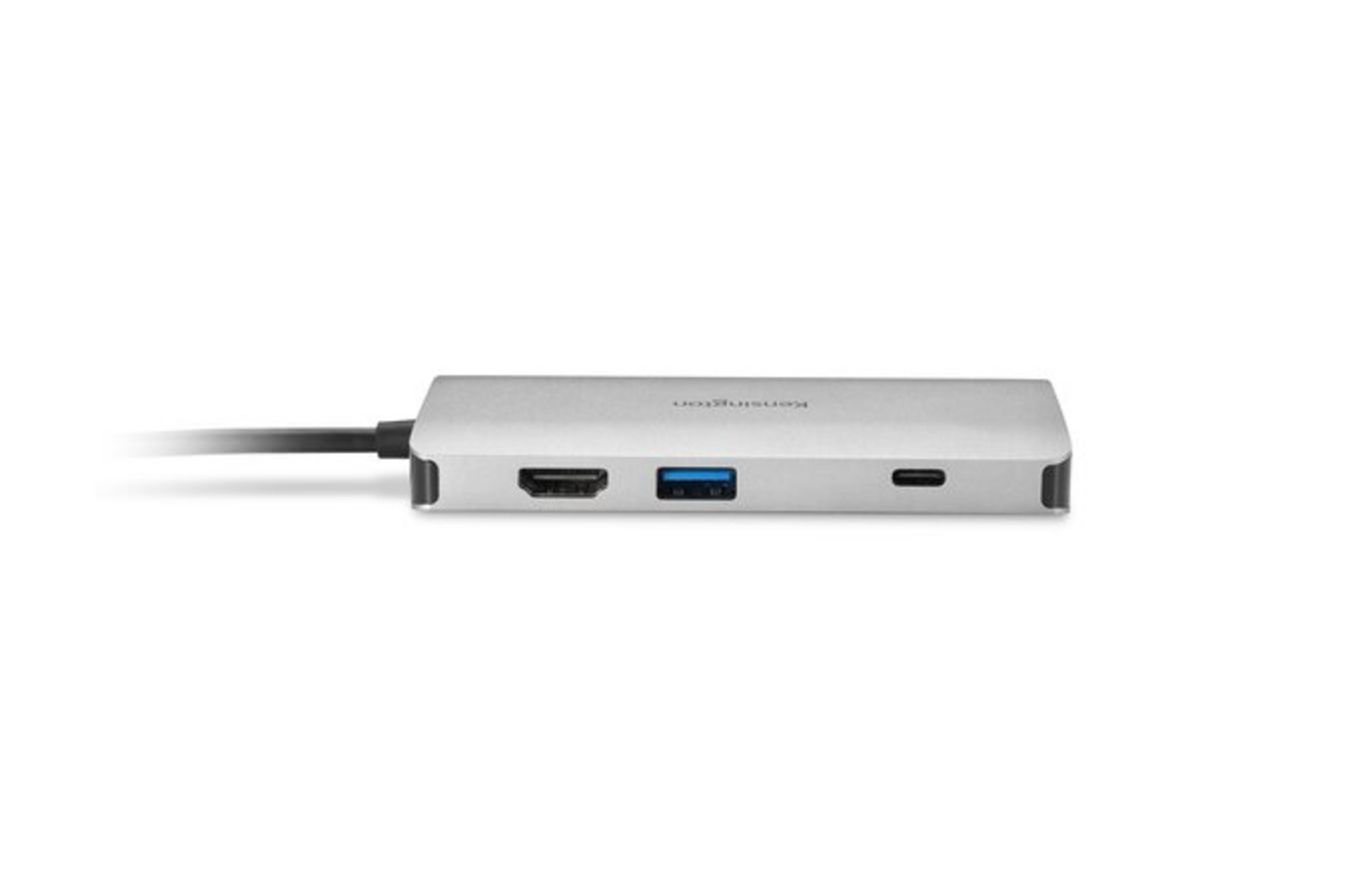 Hub USB-C argentato con porte HDMI, USB-A e USB-C.