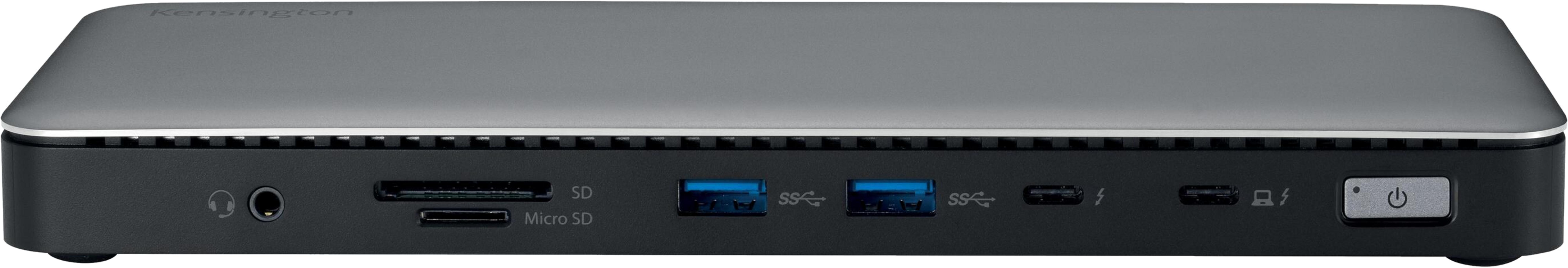 Grauer Kensington Dockingstation mit Anschlüssen: Kopfhörer, SD, Micro SD, USB, Thunderbolt, Power.