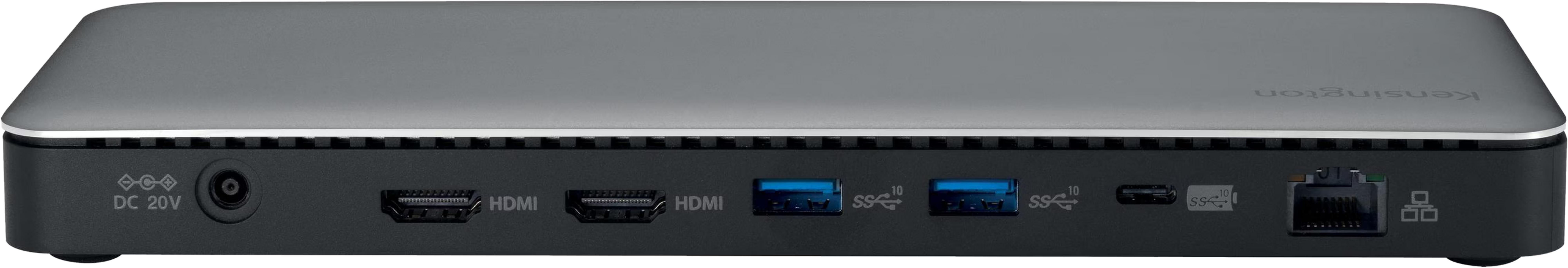 Grauer Docking-Station-Anschluss mit DC 20V, HDMI, USB 3.0 und Ethernet.