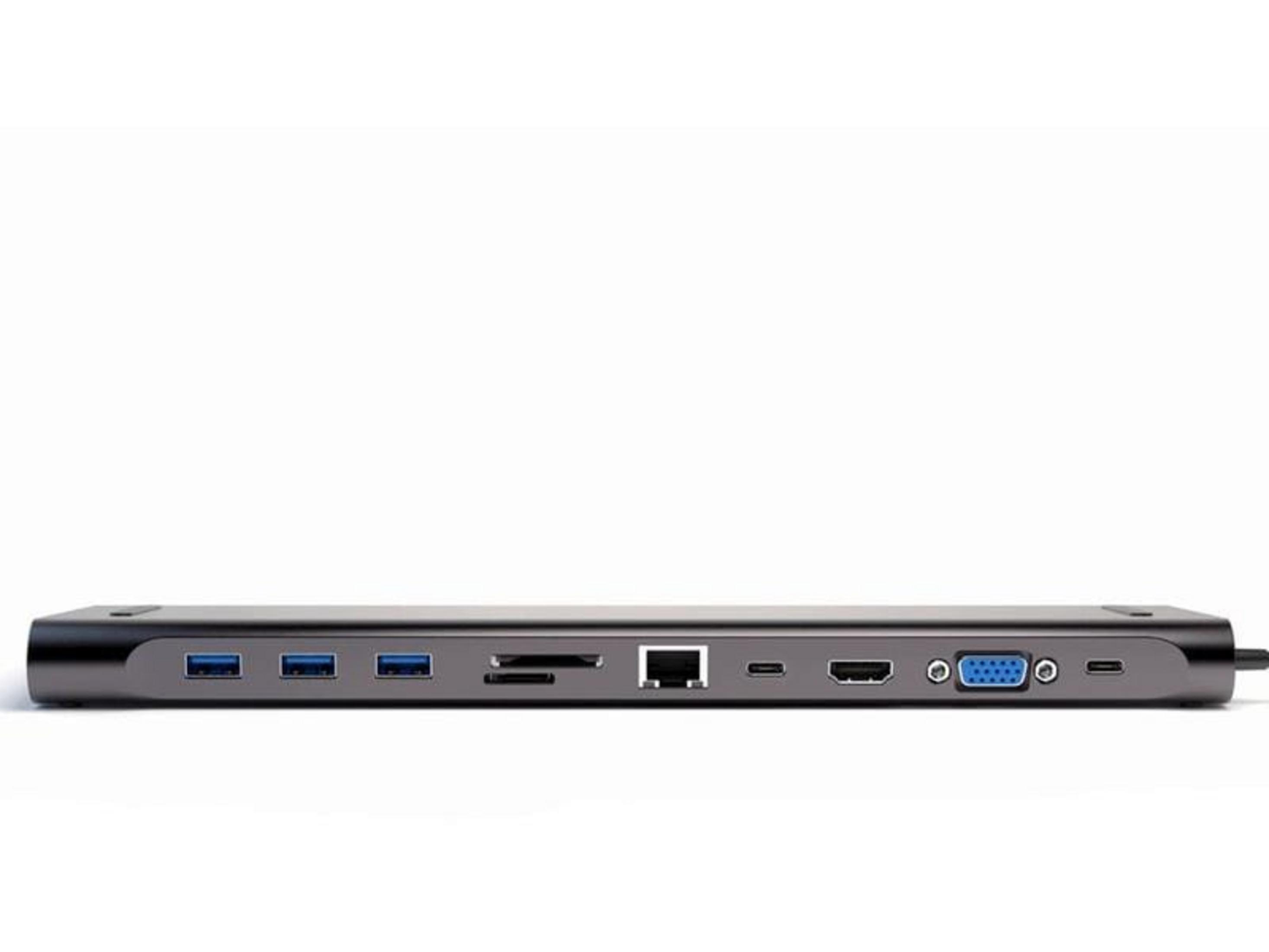 Ein grauer USB-C-Hub mit mehreren Anschlüssen, einschließlich USB-A, SD-Karte, Ethernet und HDMI.