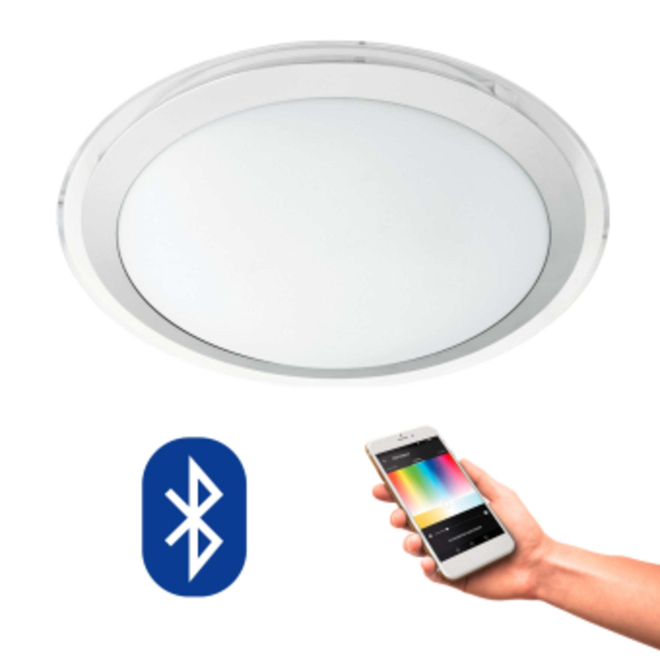 Biała lampa sufitowa z srebrną ramką i symbolem Bluetooth.