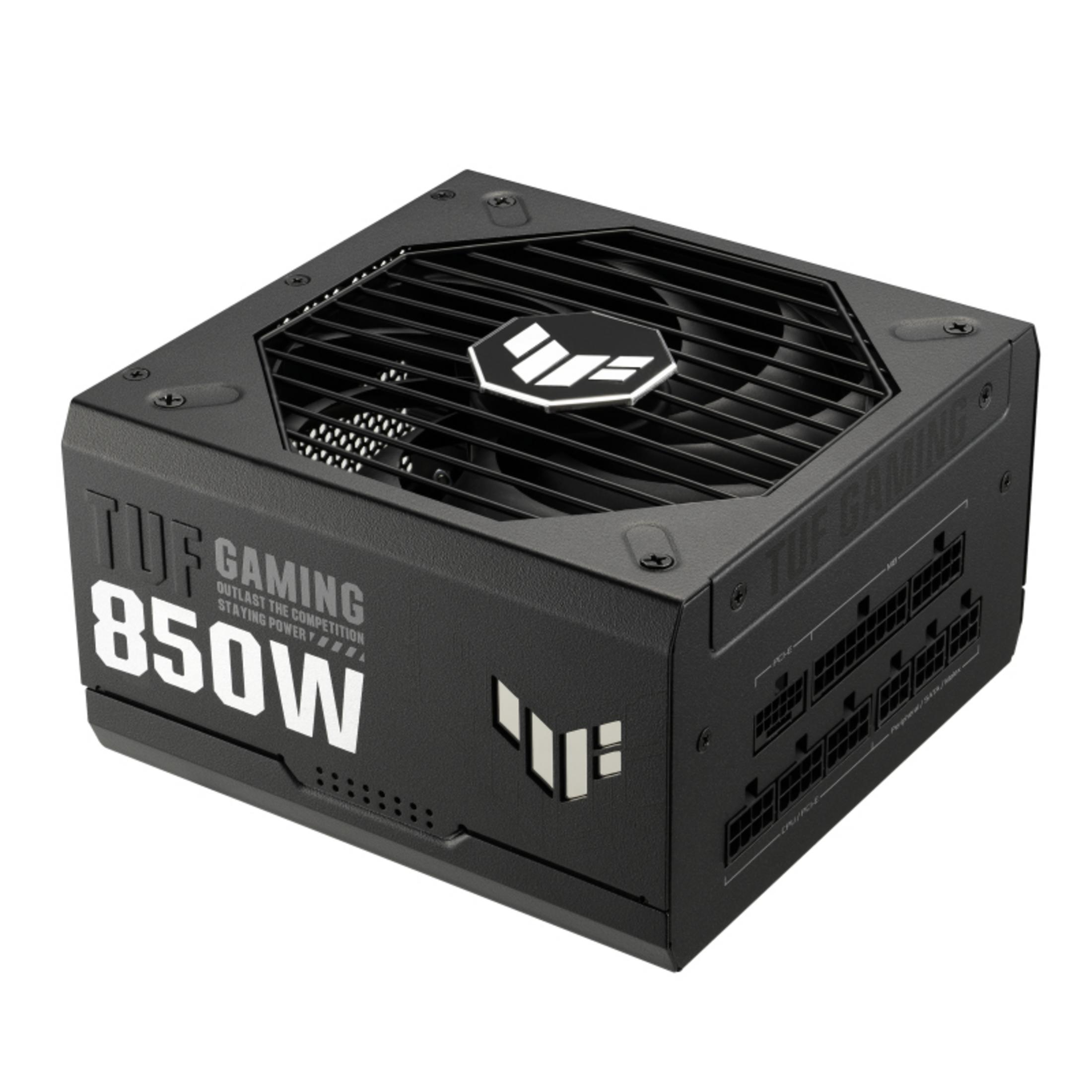 Czarny zasilacz z napisem "TUF GAMING 850W" i wentylatorem.