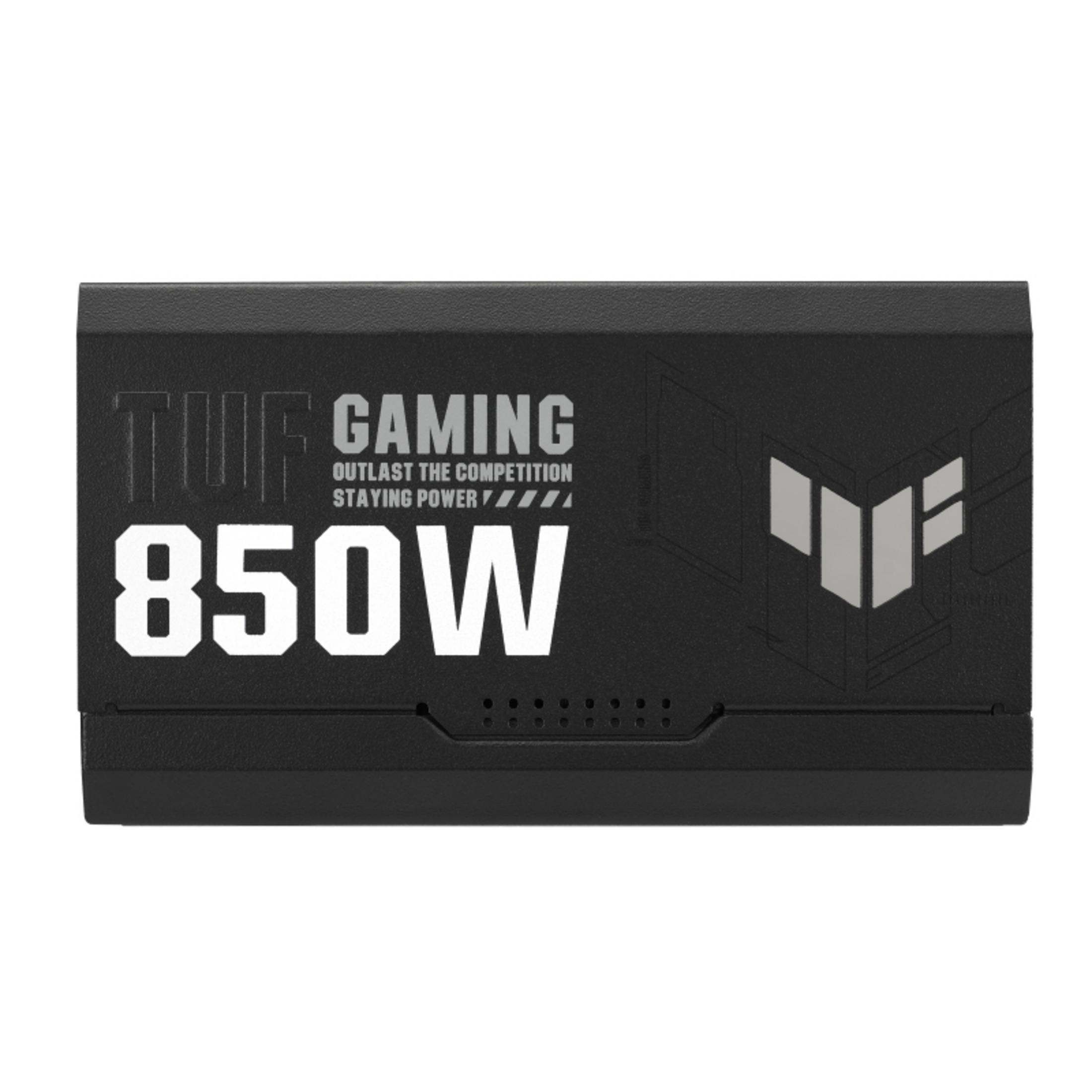 Czarny zasilacz 850W z napisem "TUF Gaming" i logo.