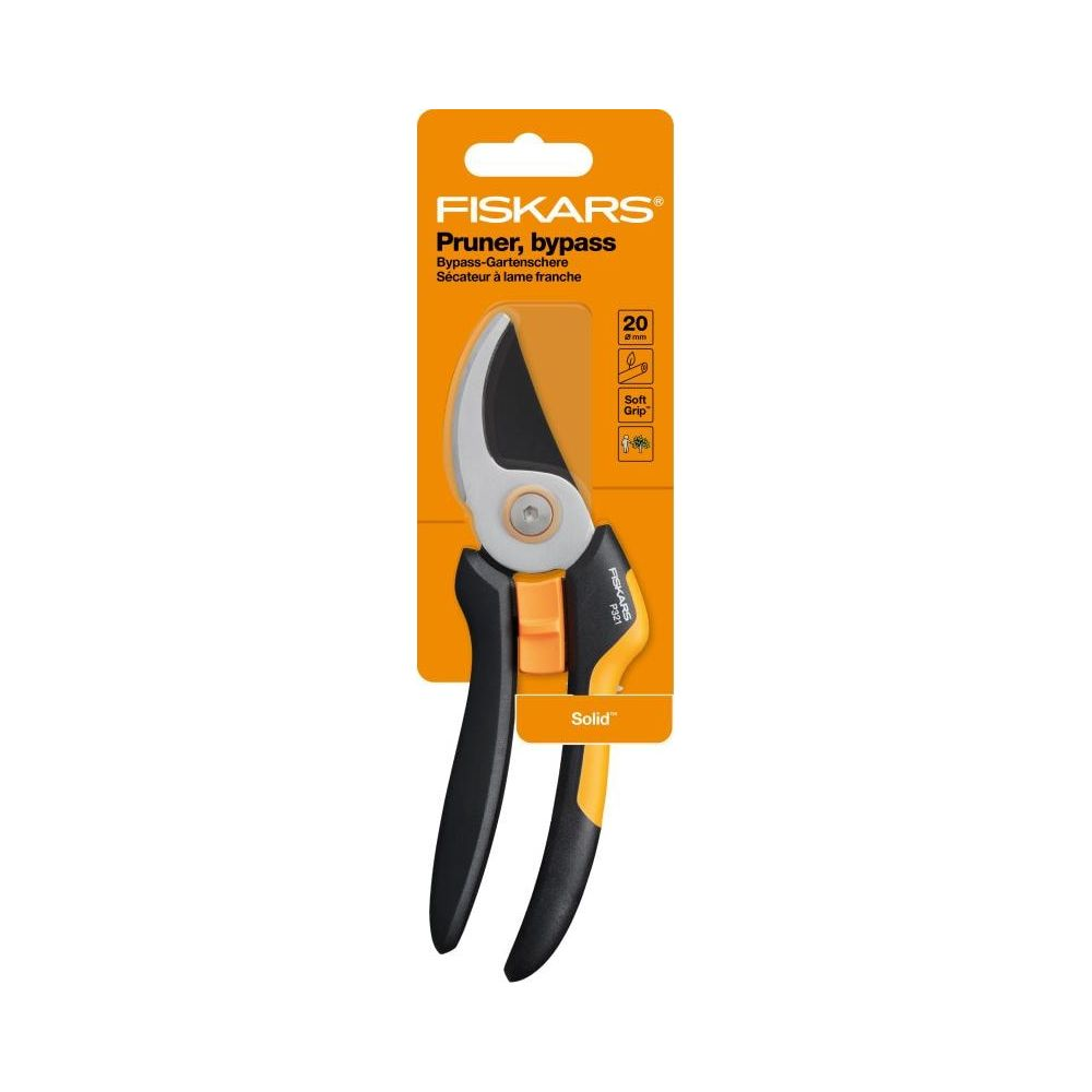 Fiskars Bypass-Gartenschere mit schwarzem und gelbem Griff, für Äste bis 20 mm.