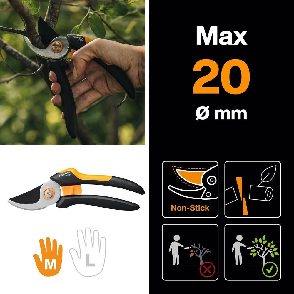 Gartenschere mit orange-schwarzem Griff, Max 20 mm. Infografiken zeigen Klingen, Größen & Baumschnitt.