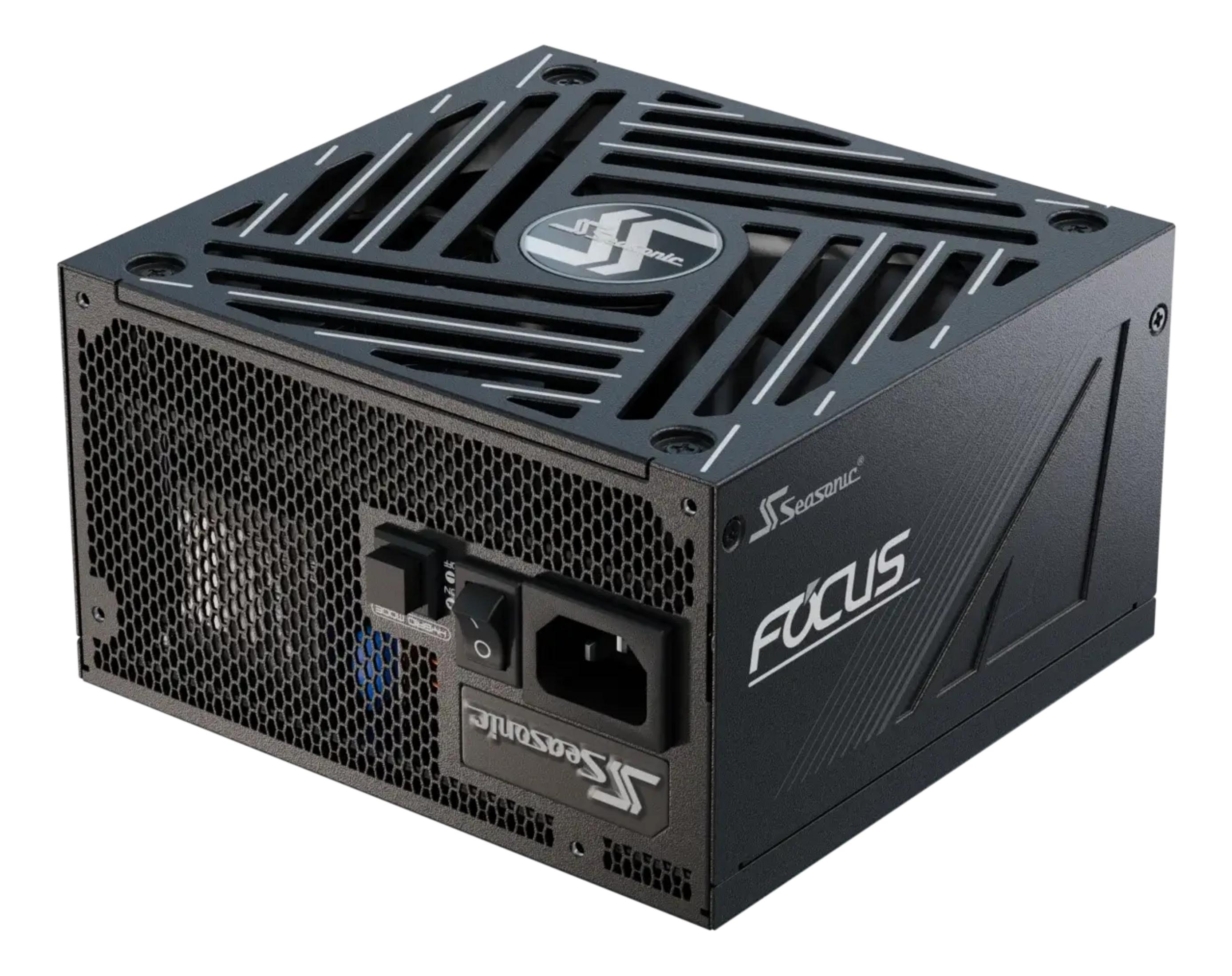 Czarny zasilacz komputerowy z kratką wentylatora i przełącznikami.