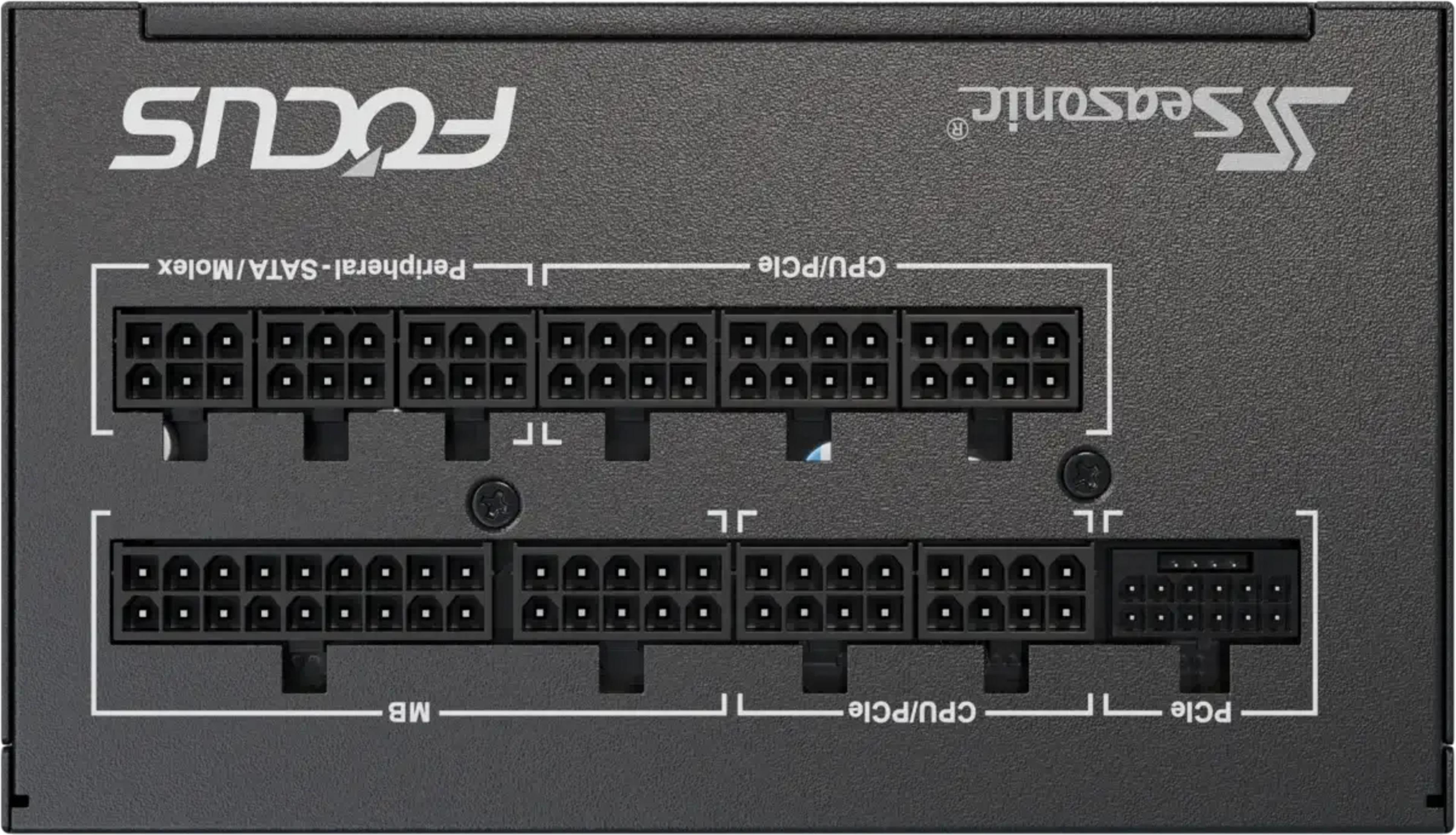 Czarny zasilacz z oznakowanymi portami dla MB, CPU/PCIe, Peryferyjnych/SATA/Molex i PCle.