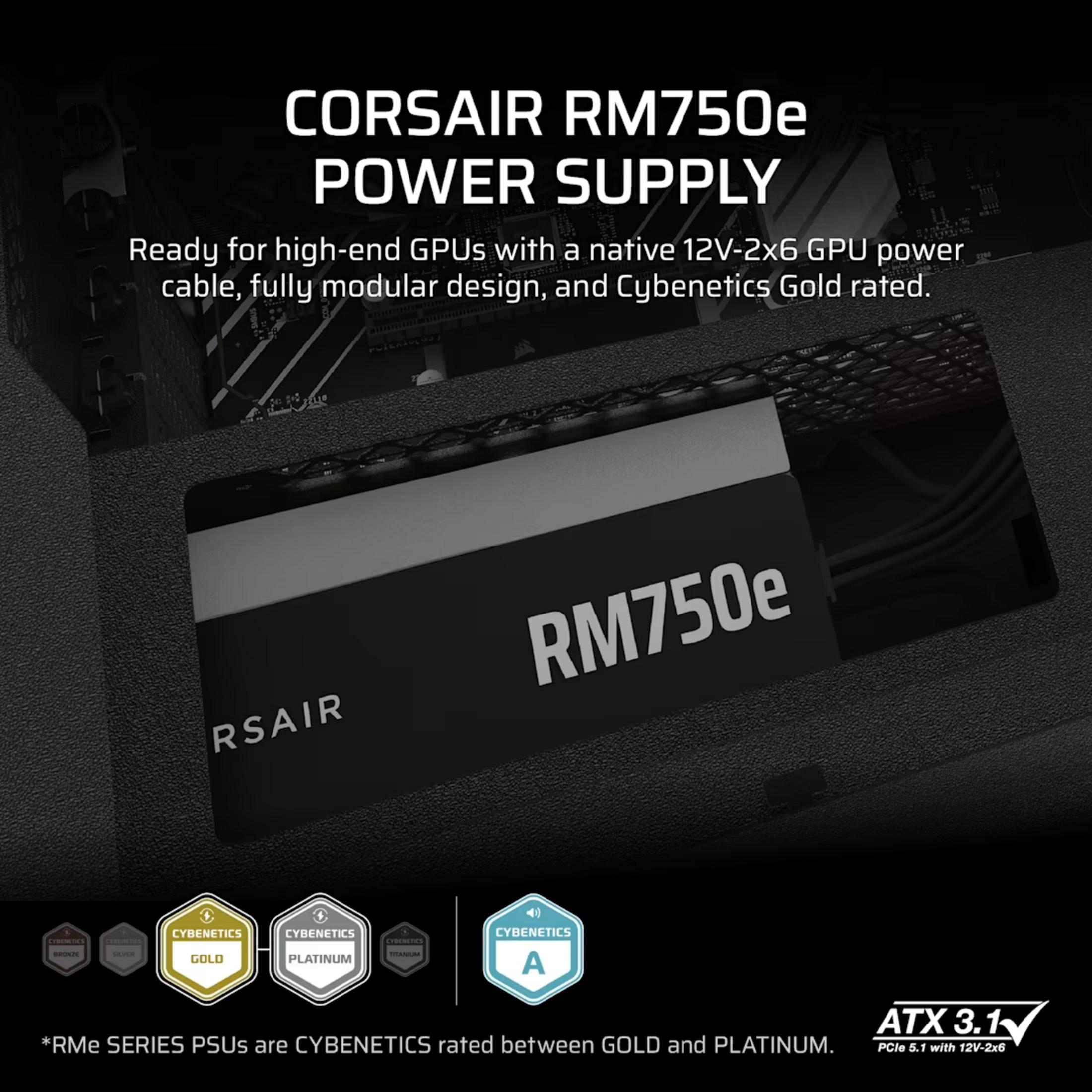 Zasilacz Corsair RM750e, z certyfikatem Gold, modularny, ATX 3.1.