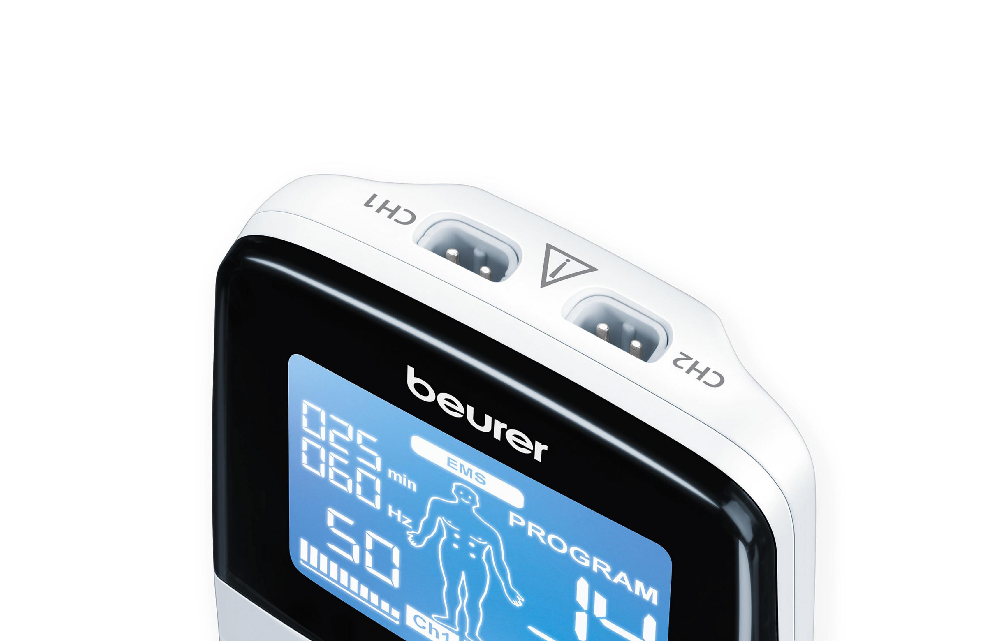 Beurer EMS-Gerät mit Display, das Zeit, Frequenz und ein Körperdiagramm anzeigt.