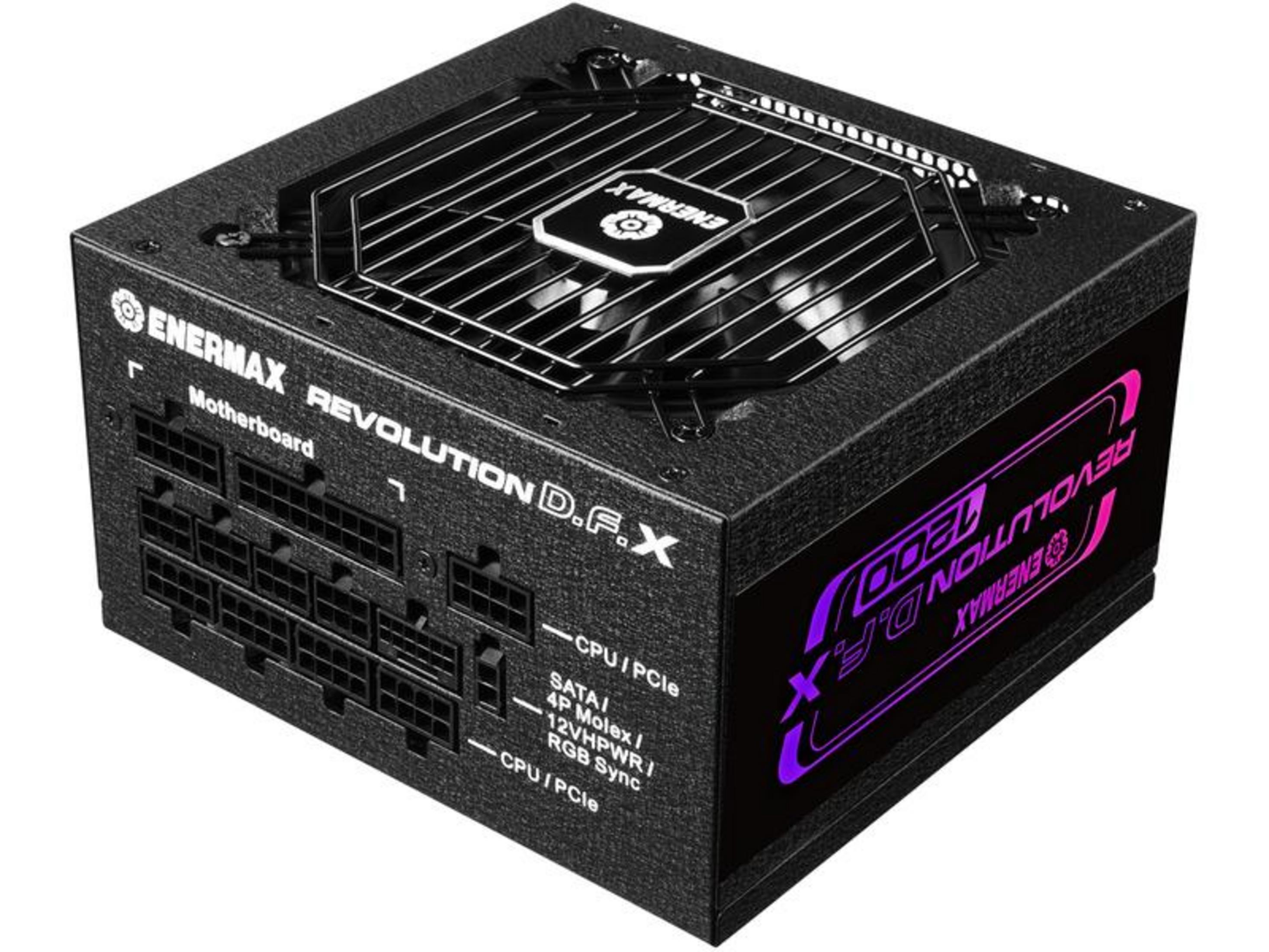 Un alimentatore ENERMAX nero con porte multiple e griglia della ventola.