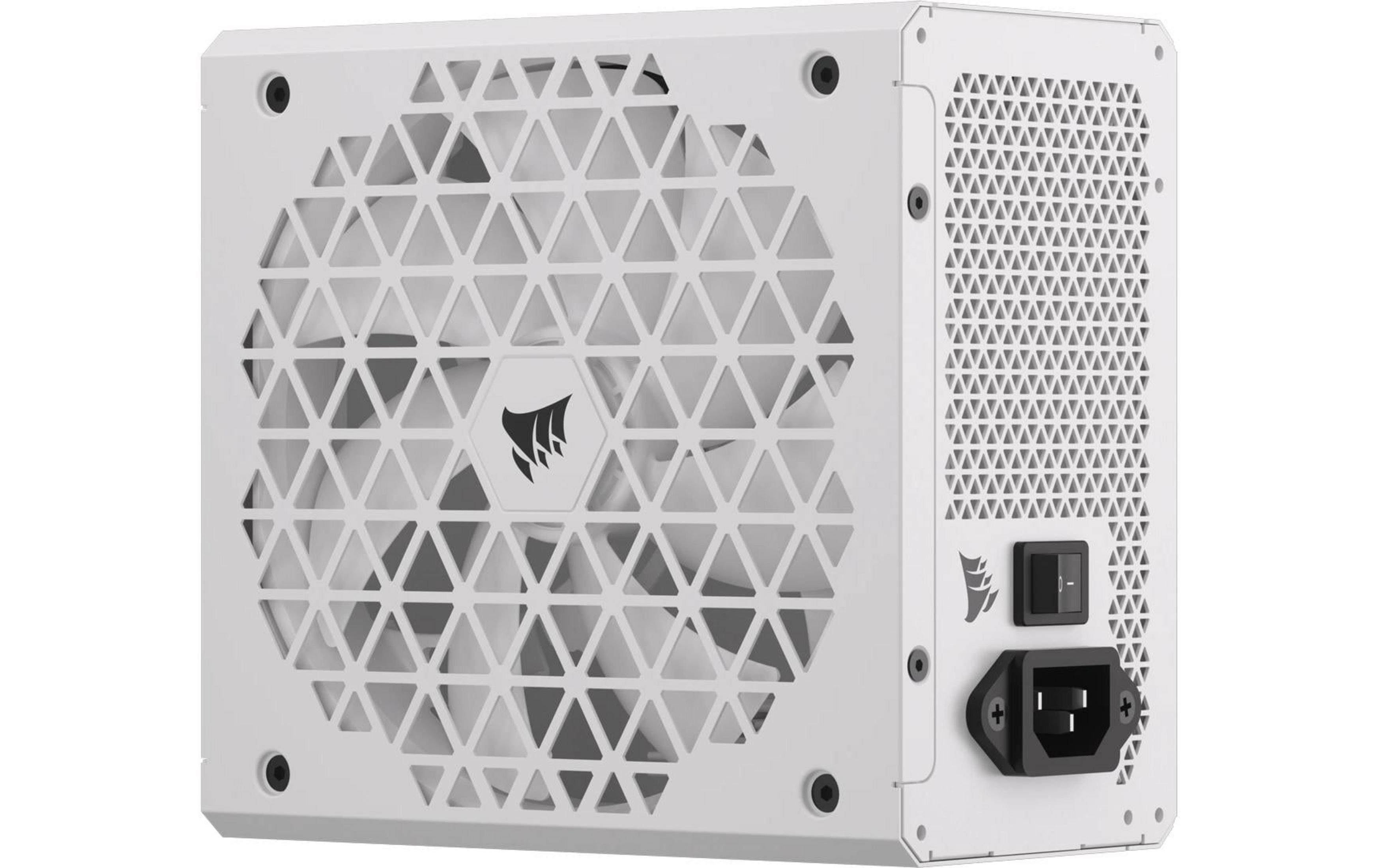Biały zasilacz z trójkątną kratką wentylatora i logo Corsair.
