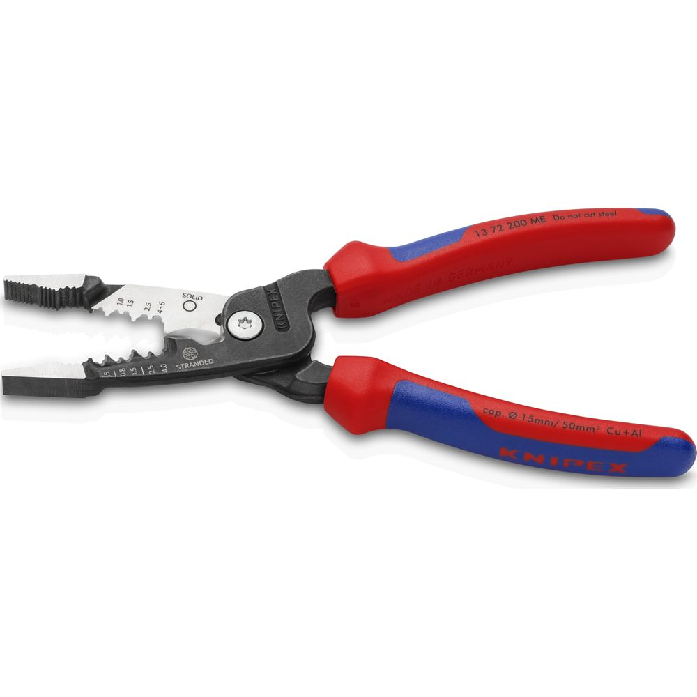 Pince Knipex universelle à manches rouge et bleu, avec coupe-fil et dénudeur.