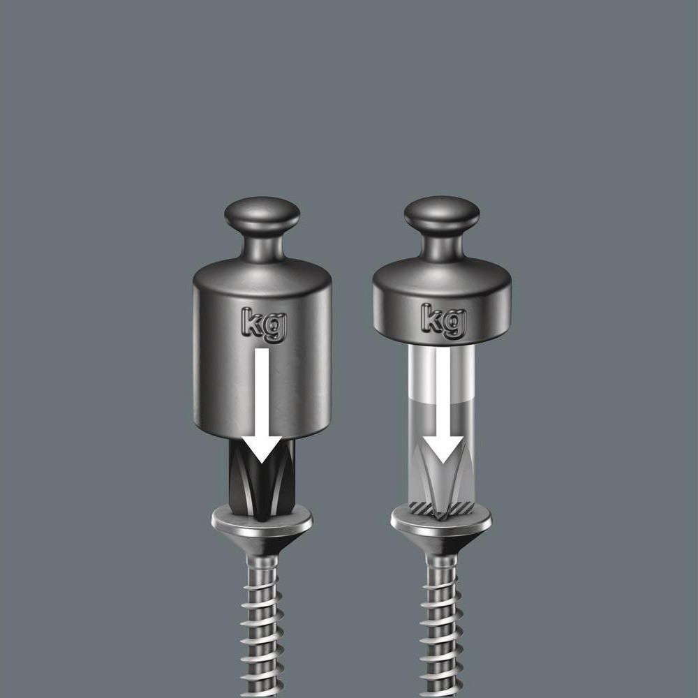 Two metal weights above screws, one transparent, the other solid.