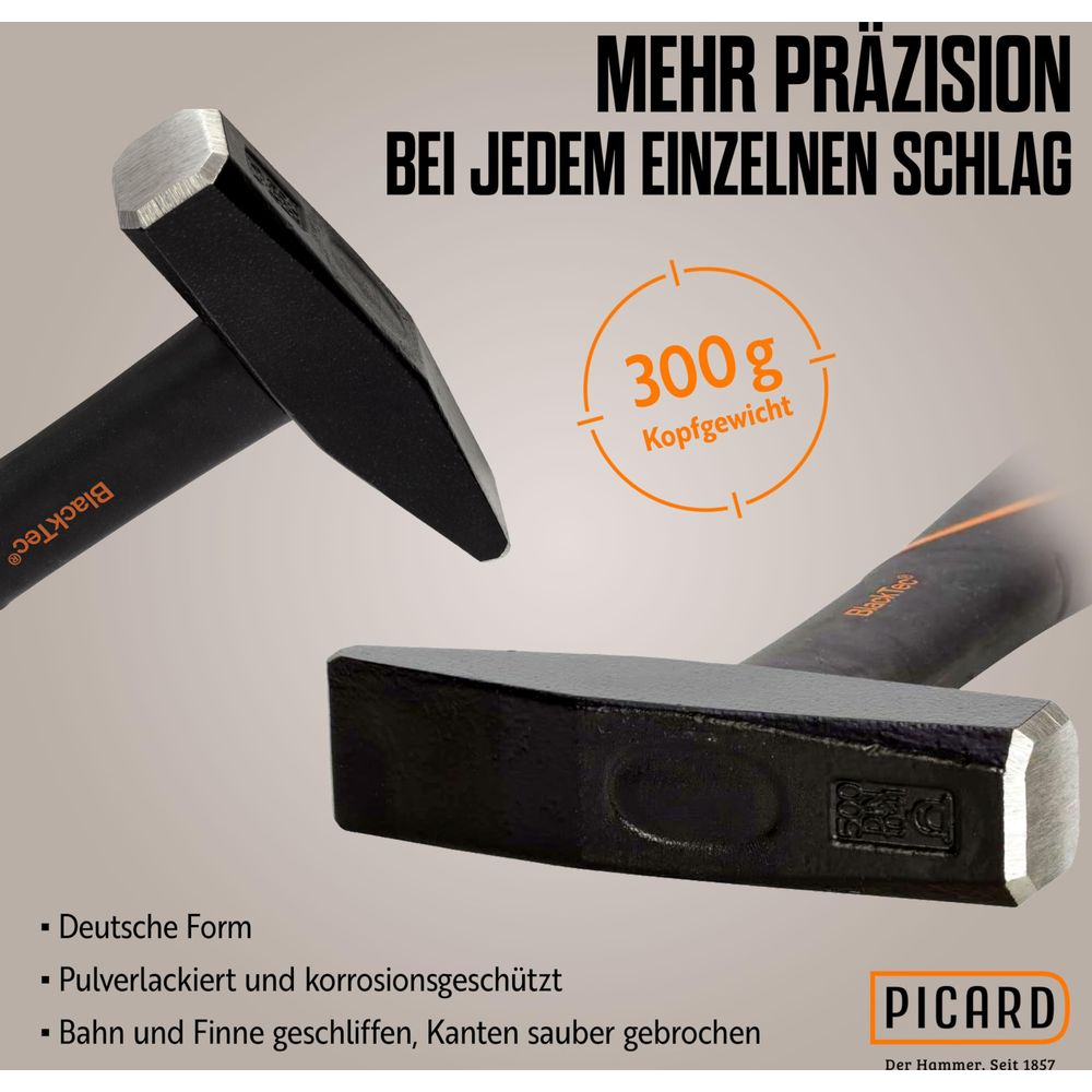 Zwei schwarze Hämmer, einer von oben, einer von vorne. Text über Präzision.