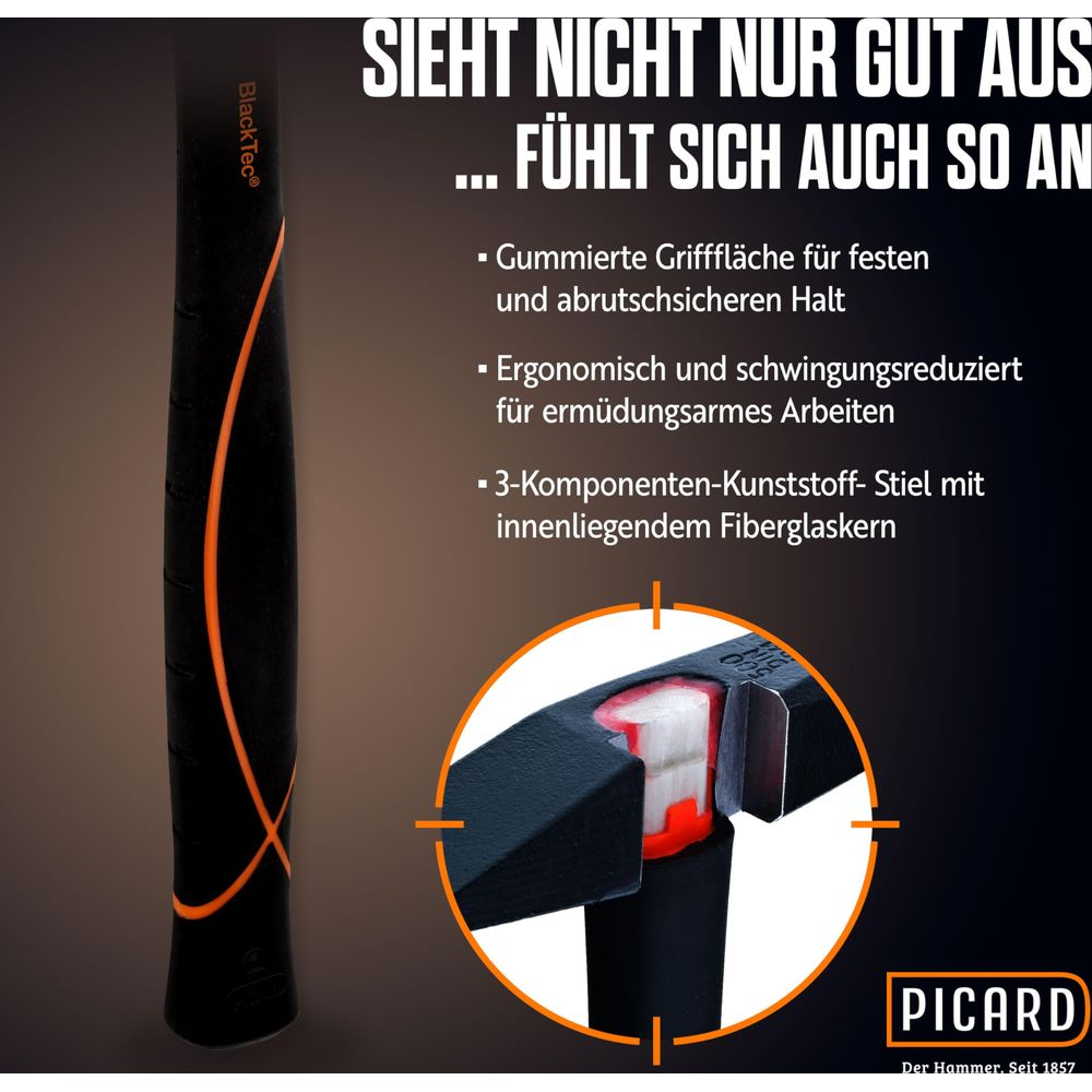 Nahaufnahme Hammergriff mit orangefarbenen Akzenten und Detailansicht des Stiels.
