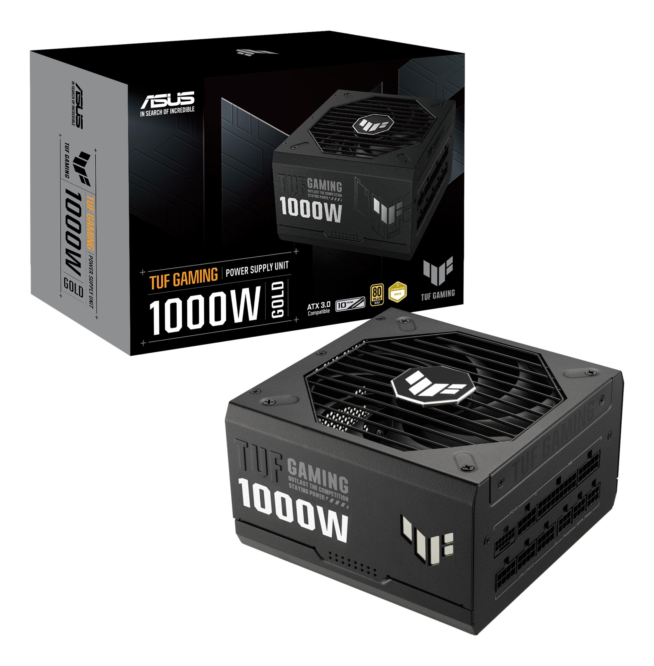 Czarny zasilacz TUF Gaming 1000W z wentylatorem i portami obok.