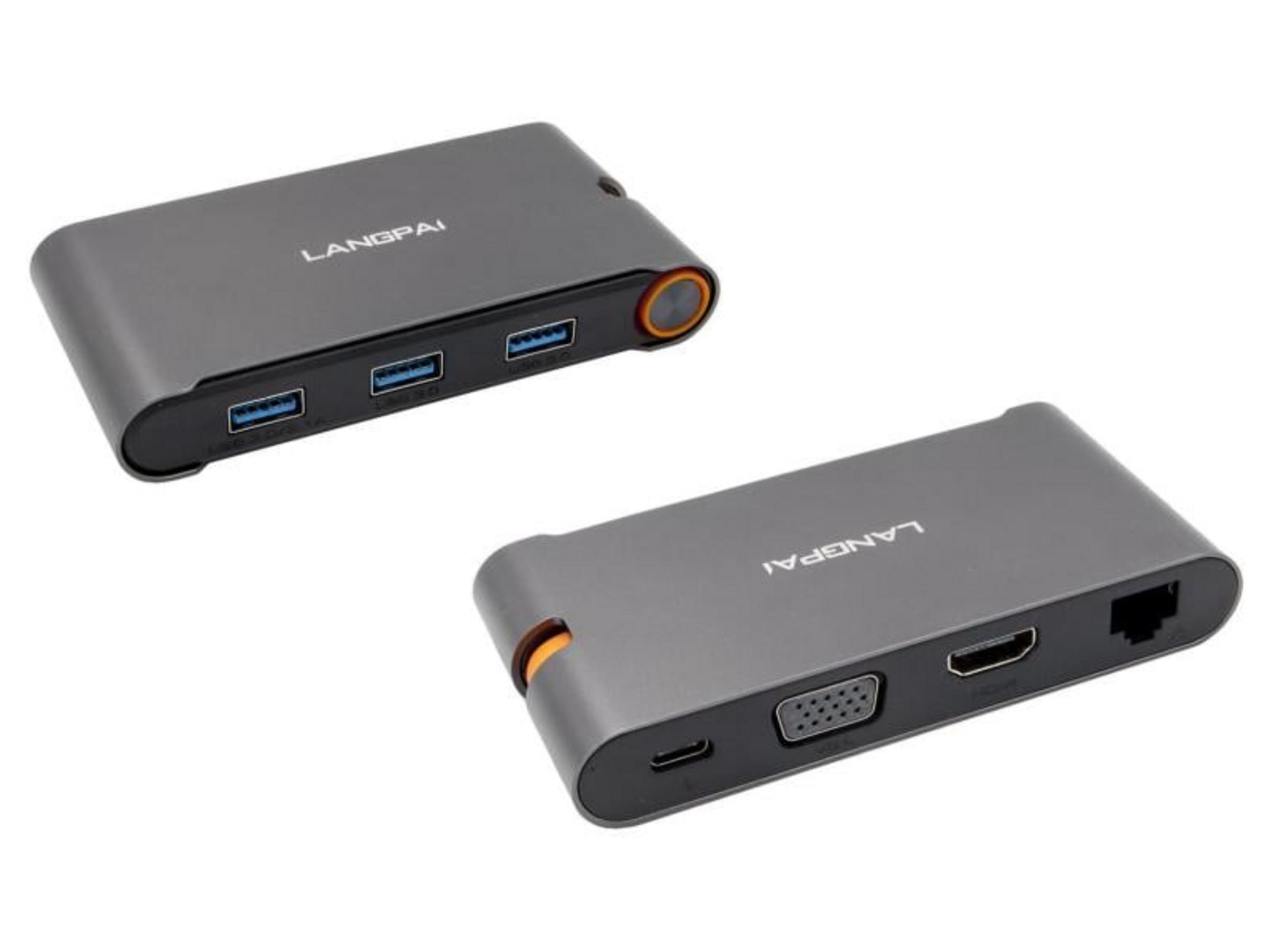 Due hub USB-C grigi con varie porte e accenti arancioni.