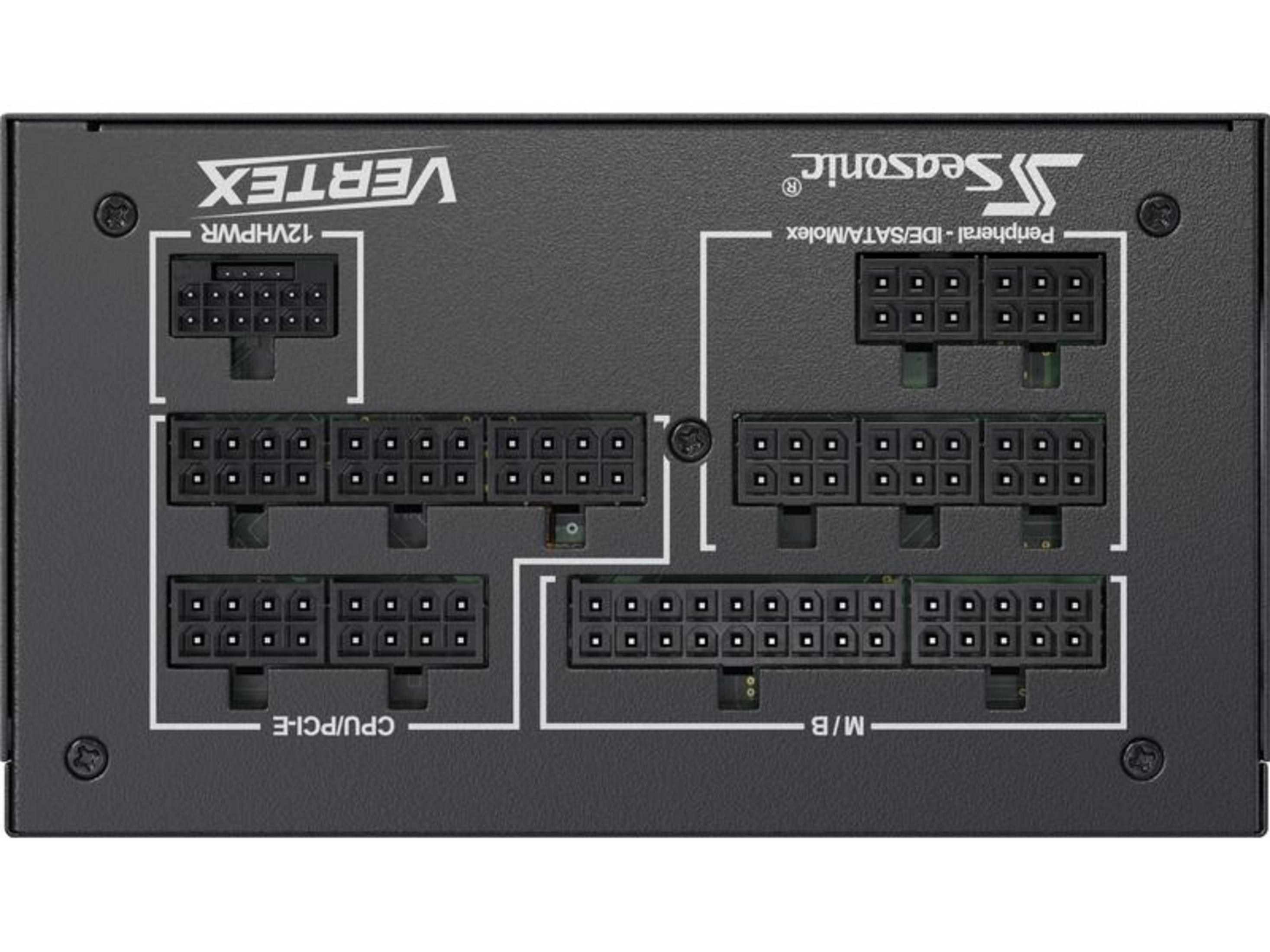 Czarny zasilacz z różnymi portami: 12VHPWR, CPU/PCI-E, M/B, Peryferyjny.