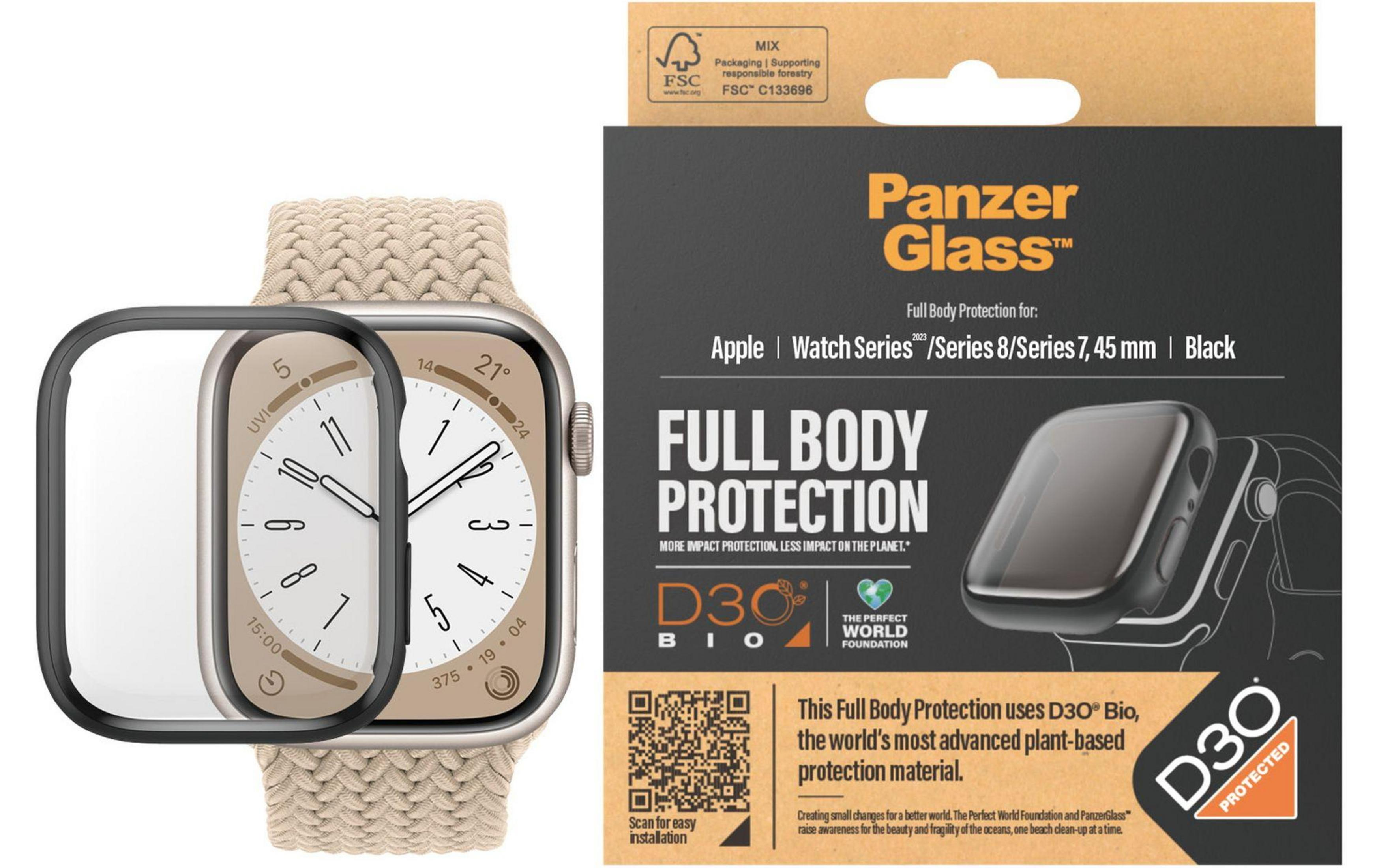 Protection intégrale PanzerGlass pour Apple Watch Series 7/8, 45mm, Noir. D3O Bio.