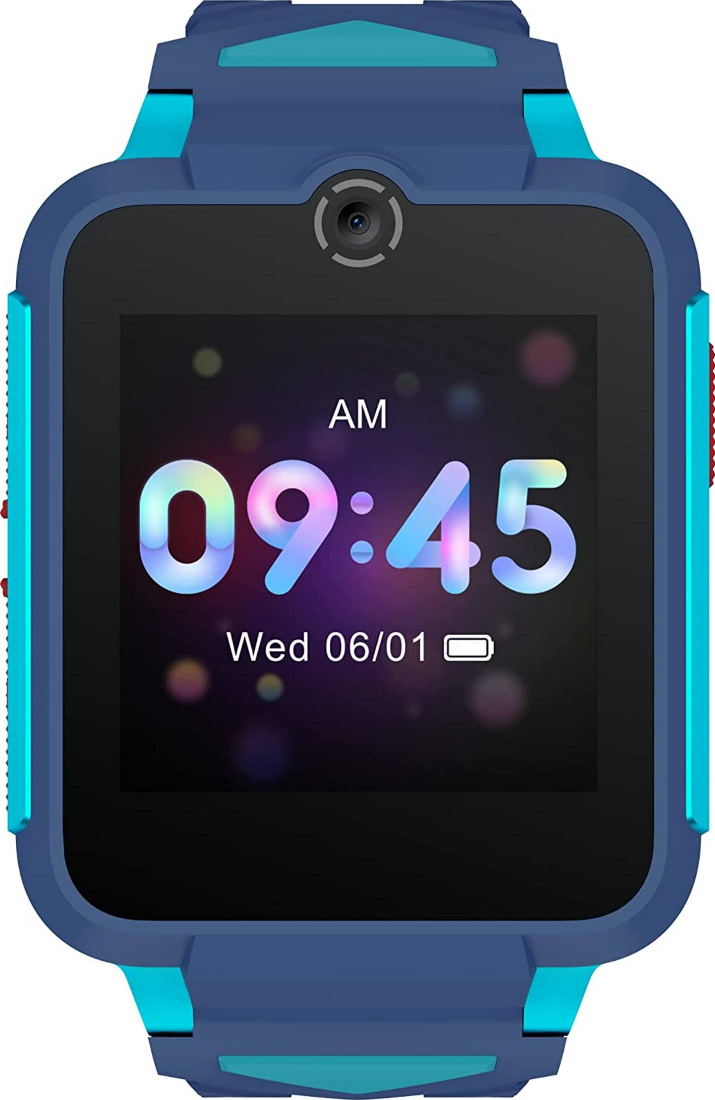 Eine blaue Smartwatch mit türkisen Akzenten zeigt 09:45 Uhr und Wed 06/01 an.