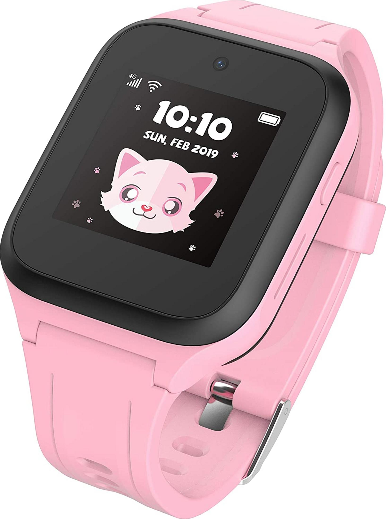 Ein rosa Smartwatch für Kinder mit einem Katzen-Zifferblatt, das 10:10 Uhr anzeigt.