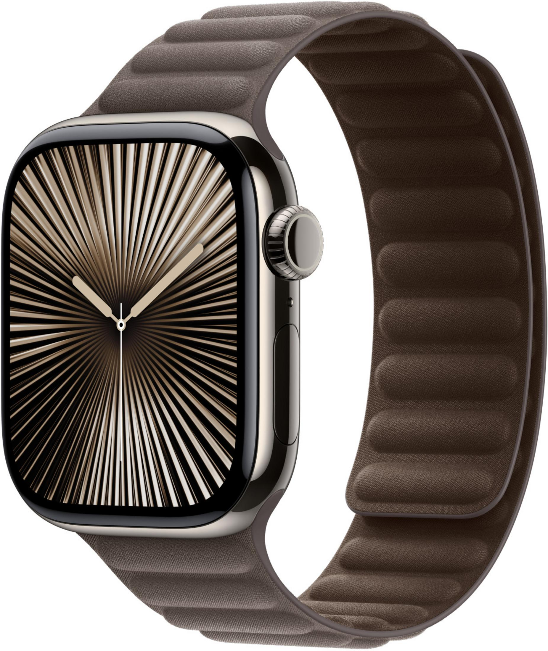 Uno smartwatch marrone con quadrante geometrico e cinturino piegato.