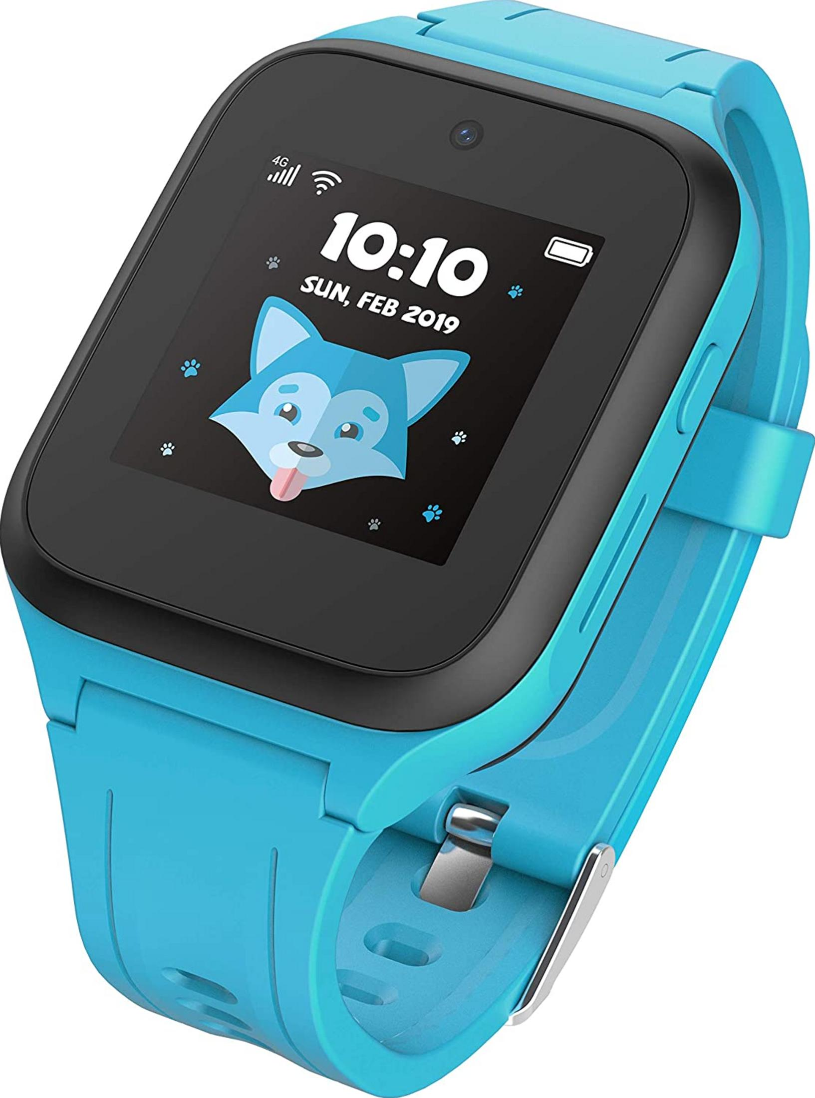 Blaue Smartwatch mit Hundegesicht-Display, Zeit 10:10.