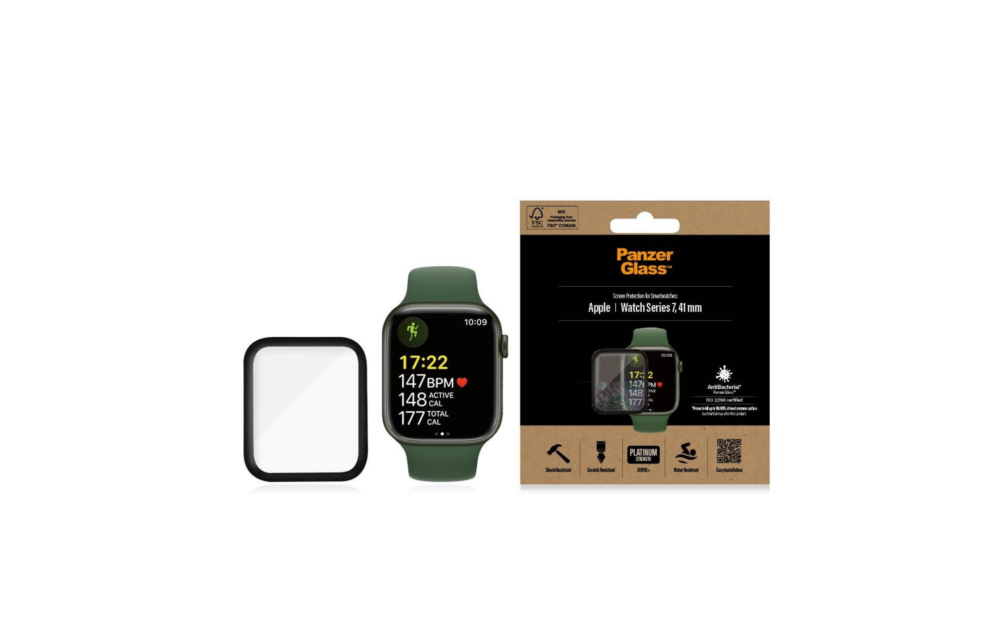 Grüne Apple Watch Series 7 mit Verpackung für Displayschutzfolie. Zeigt Zifferblatt & Schutzfolie.