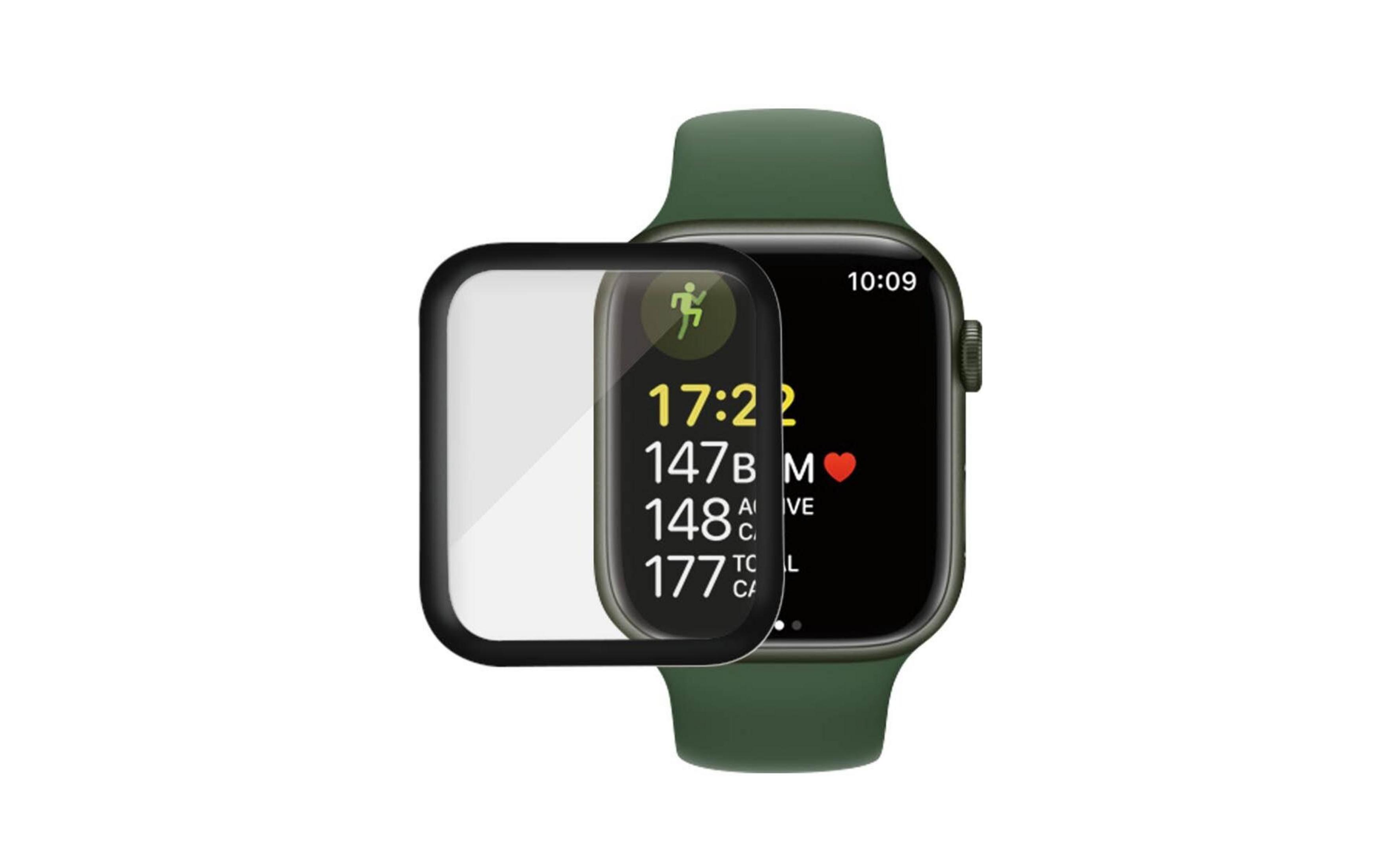 Grüne Smartwatch mit Schutzfolie, zeigt Trainingsdaten und Uhrzeit an.