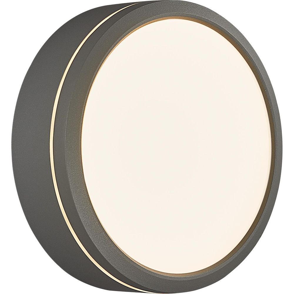 Graue runde Wandleuchte mit hellem Licht und goldenem Akzent.