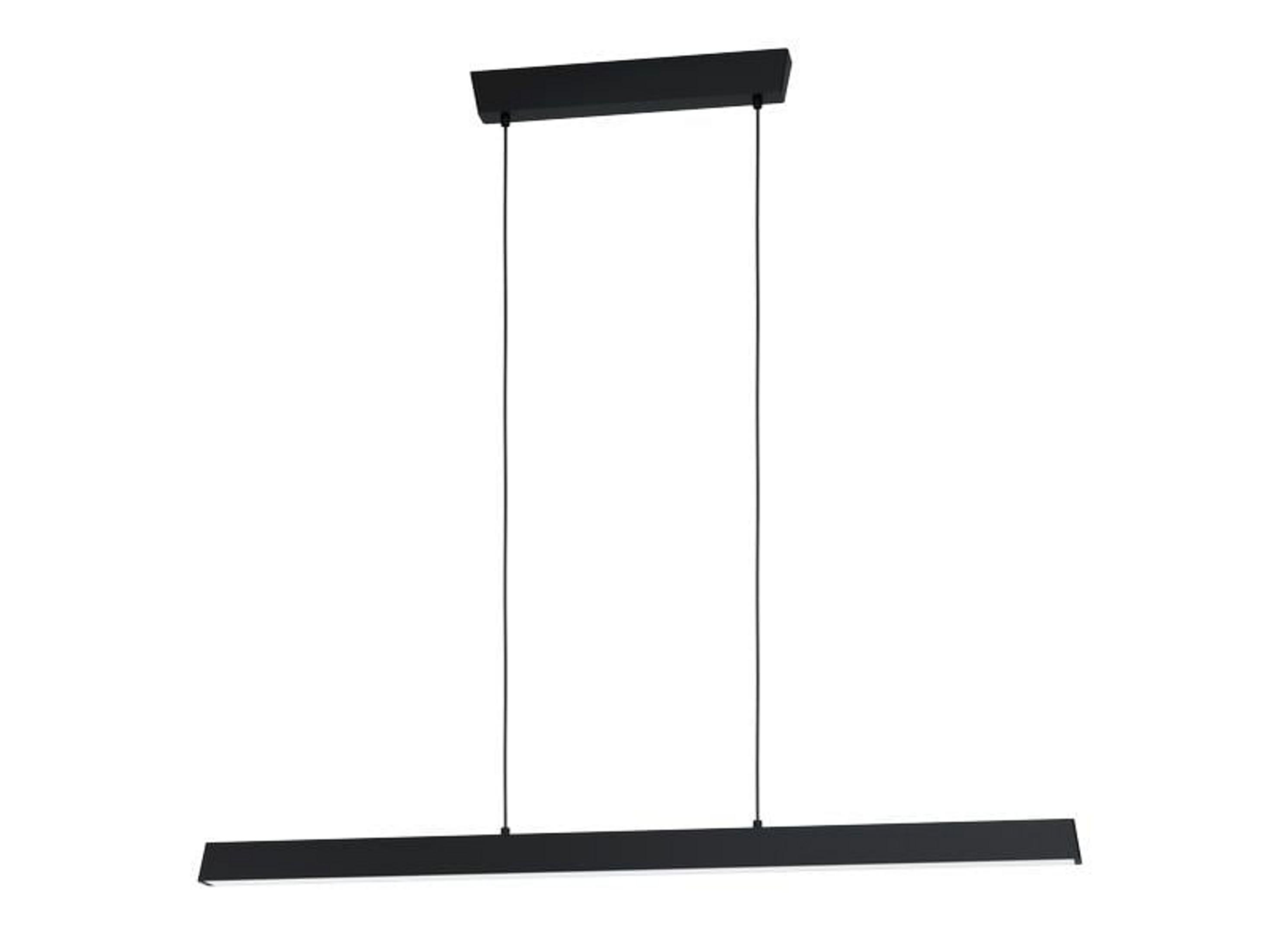 Moderne schwarze Hängeleuchte mit rechteckigem Baldachin und linearem Lampenkörper.