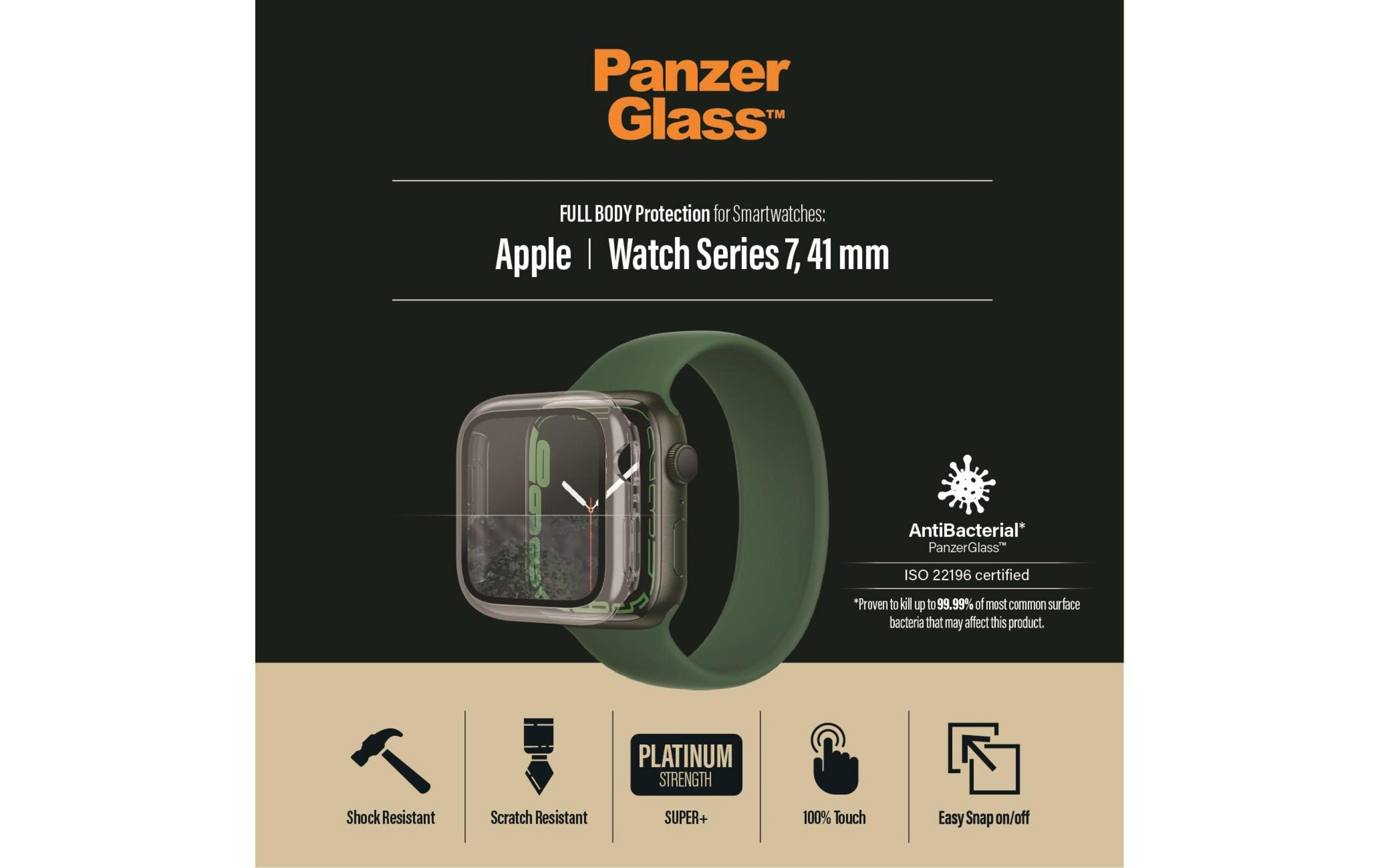 Apple Watch Series 7 z pełną ochroną PanzerGlass i zielonym paskiem.