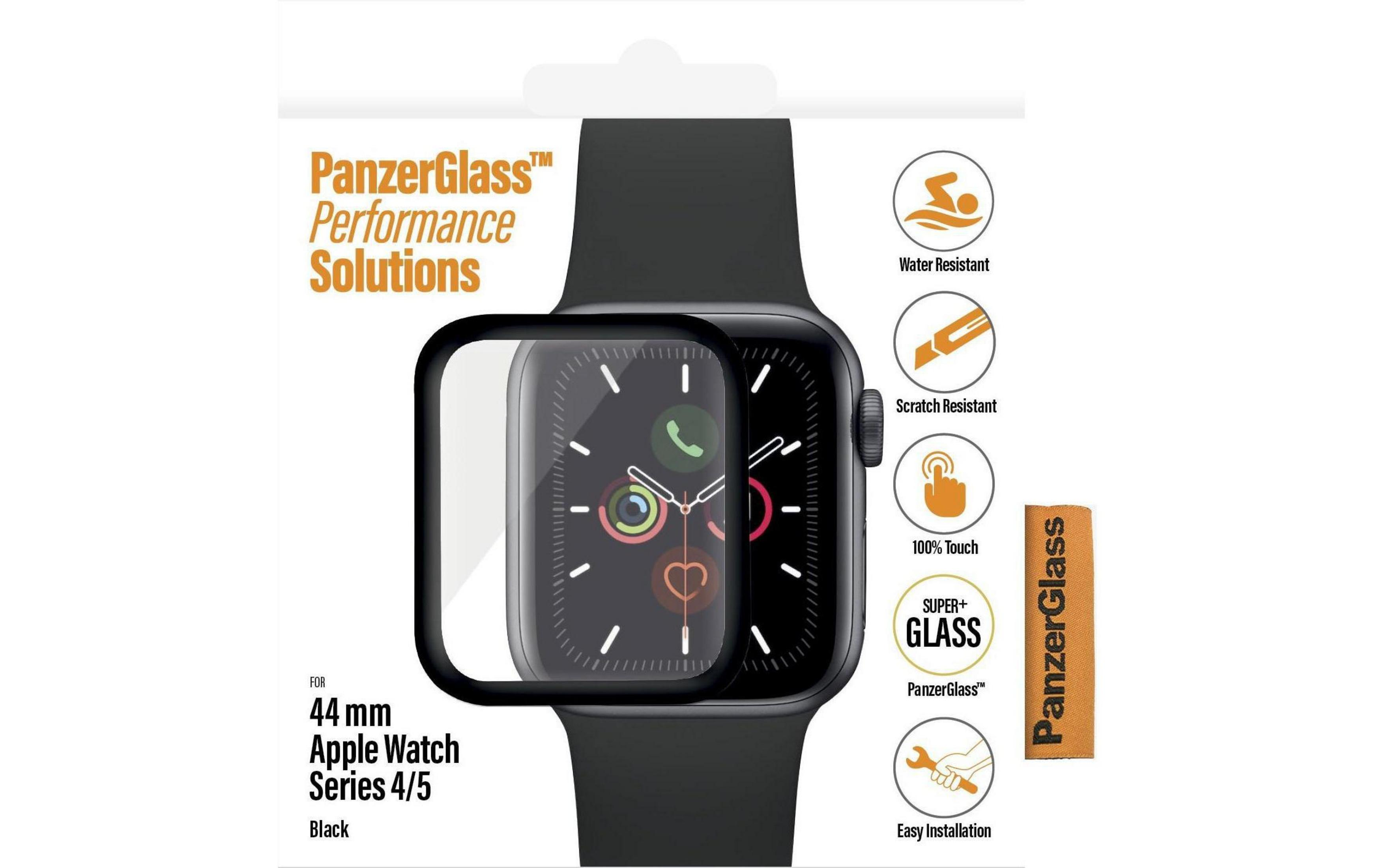 Schwarze Apple Watch 4/5 mit PanzerGlass Displayschutz, wasser- und kratzfest.