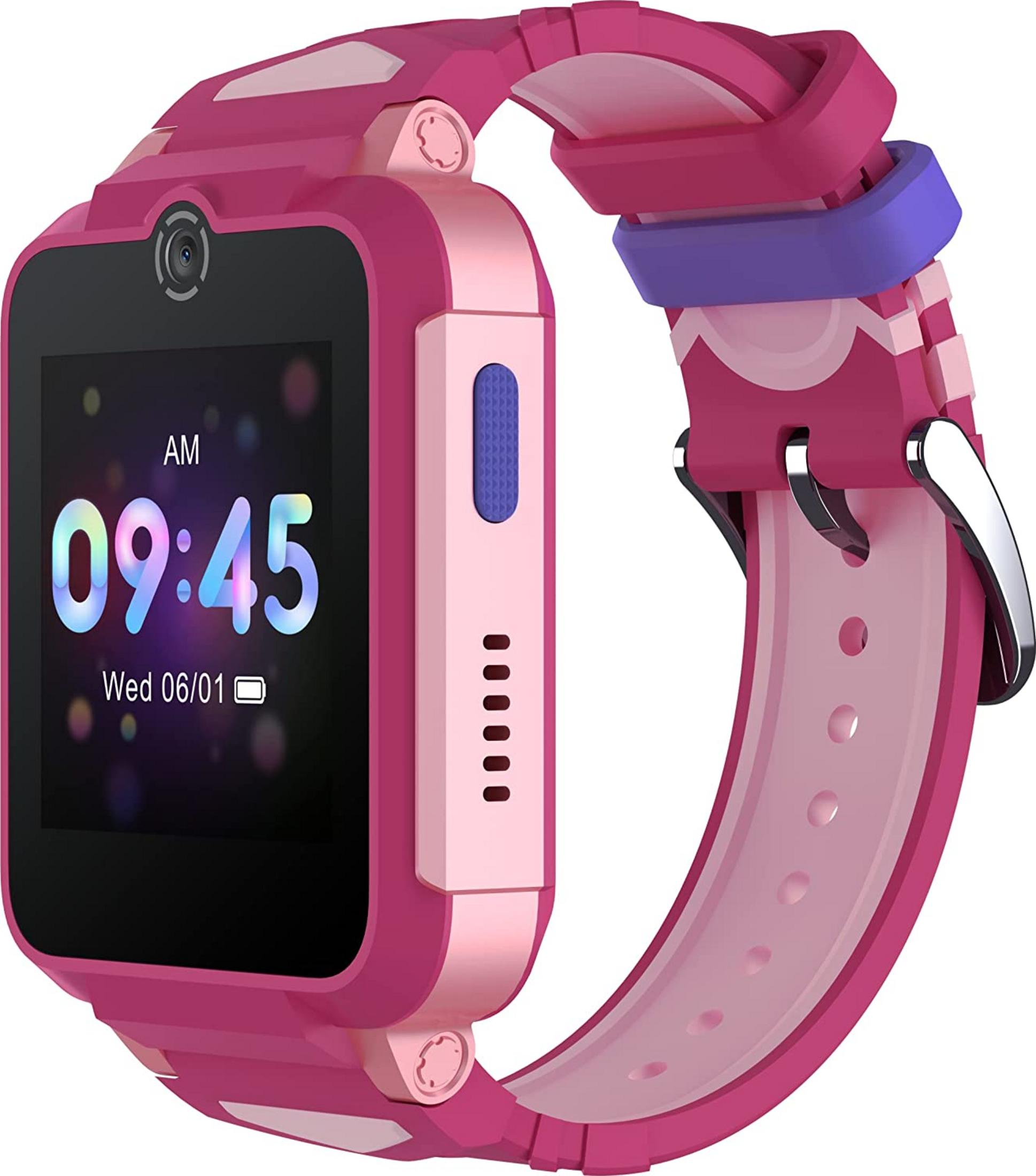 Eine pinke Kinder-Smartwatch mit Kamera und buntem Zifferblatt.