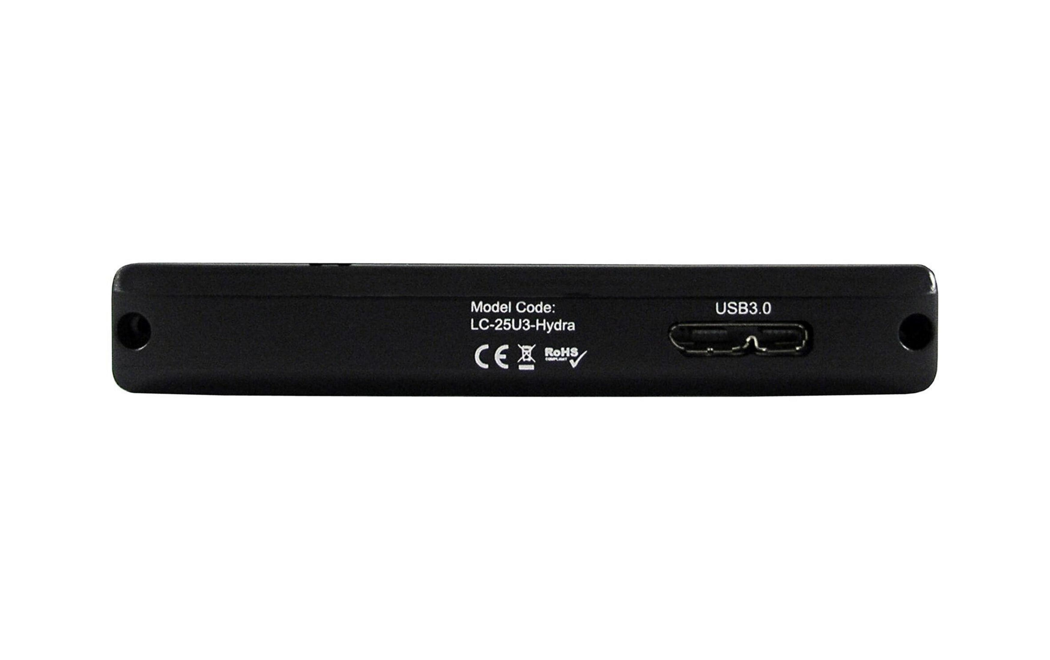 Schwarzes Gehäuse mit USB 3.0 Anschluss, Modellcode und CE/RoHS-Siegel.