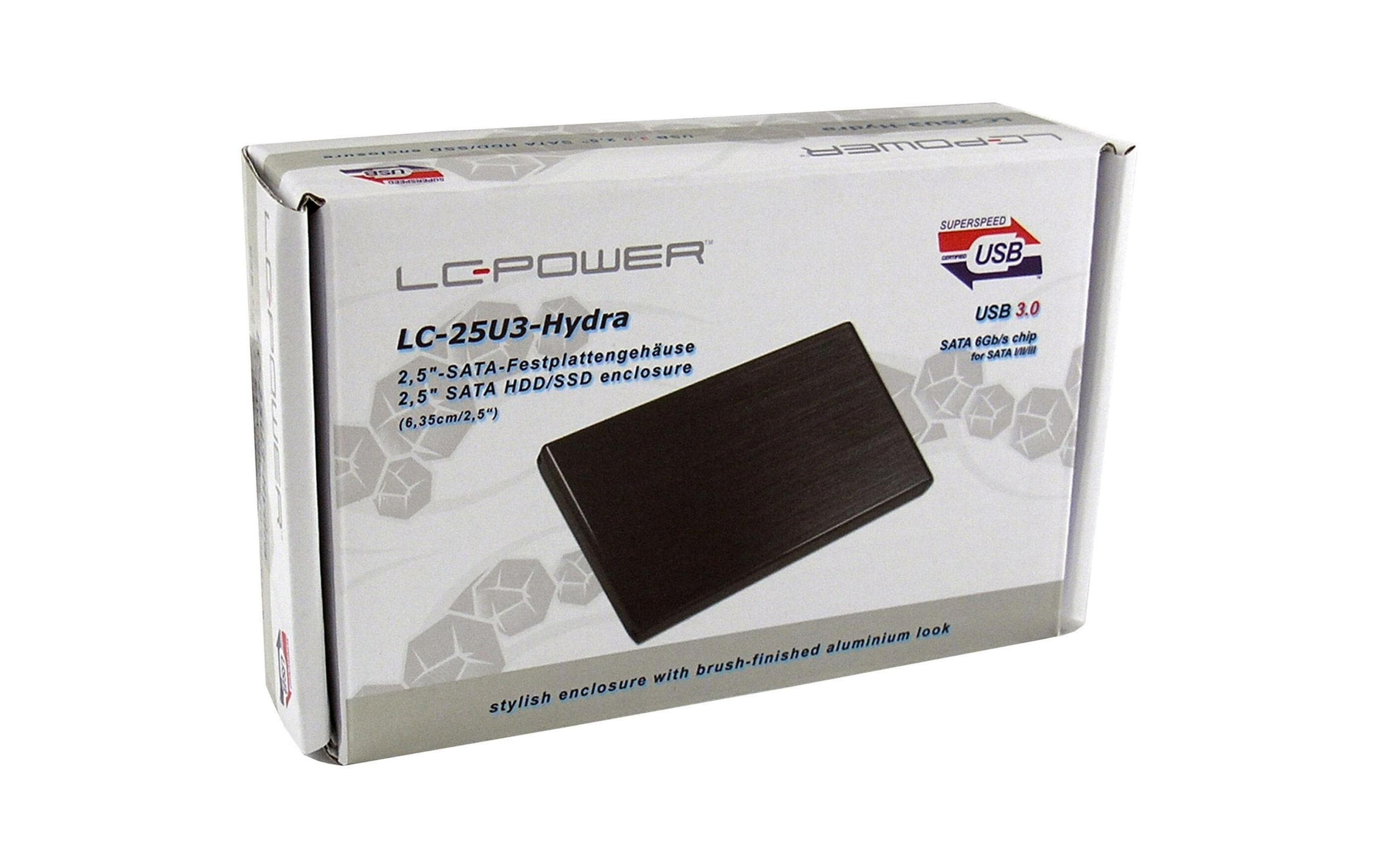 Verpackung eines LC-POWER LC-25U3-Hydra 2,5-Zoll-SATA-Festplattengehäuses.