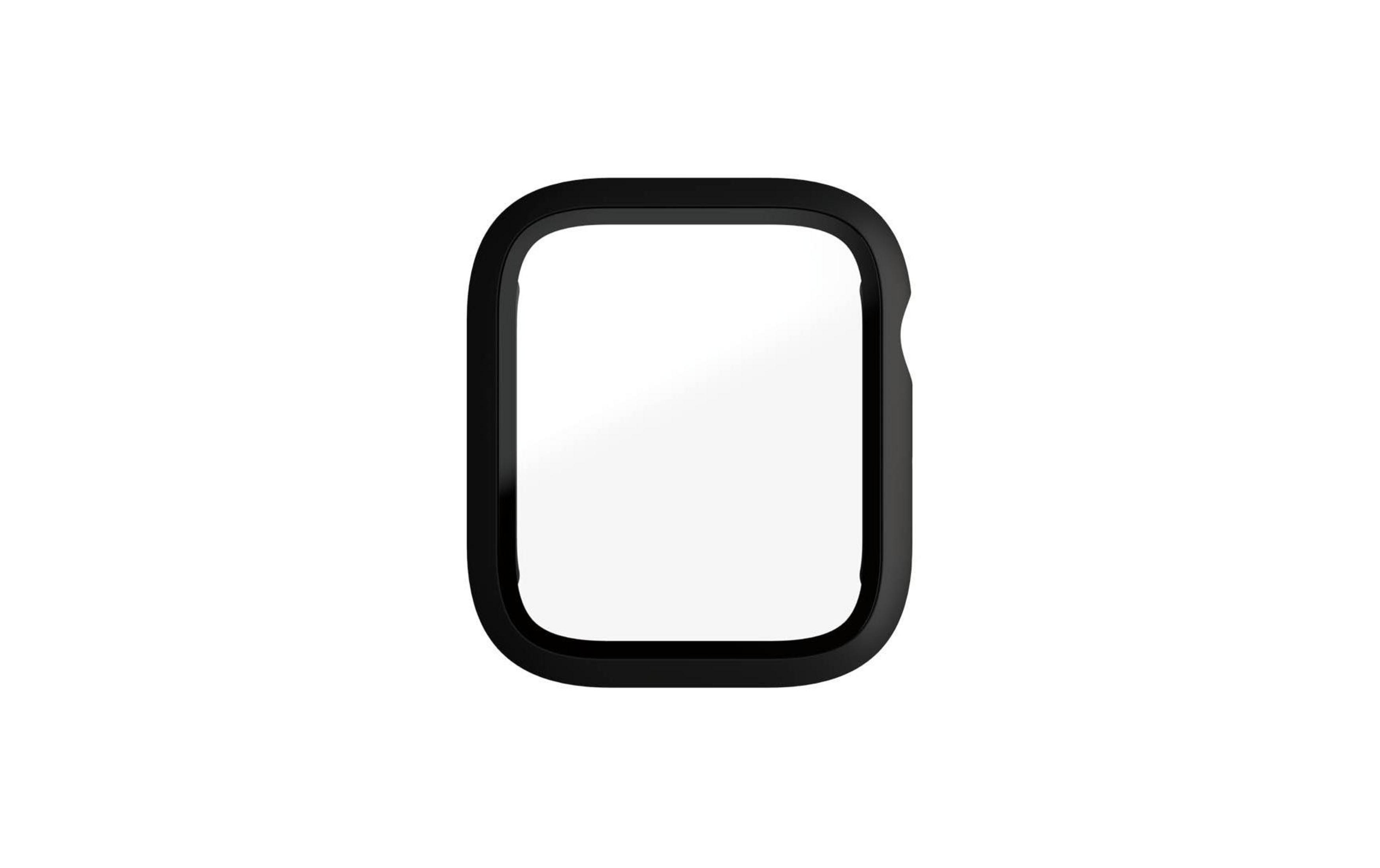 Czarna osłona na zegarek z zaokrąglonymi rogami na białym tle.