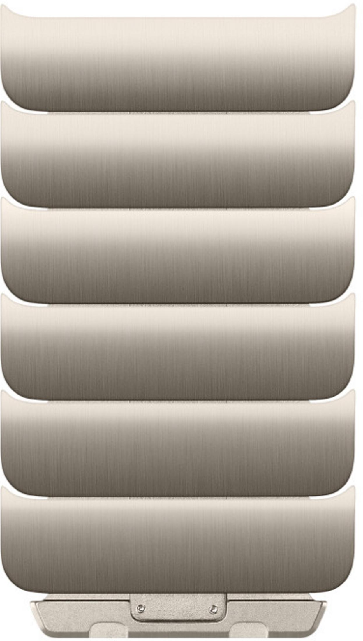 Srebrna bransoleta do zegarka składająca się z poziomych ogniw o szczotkowanym wykończeniu.