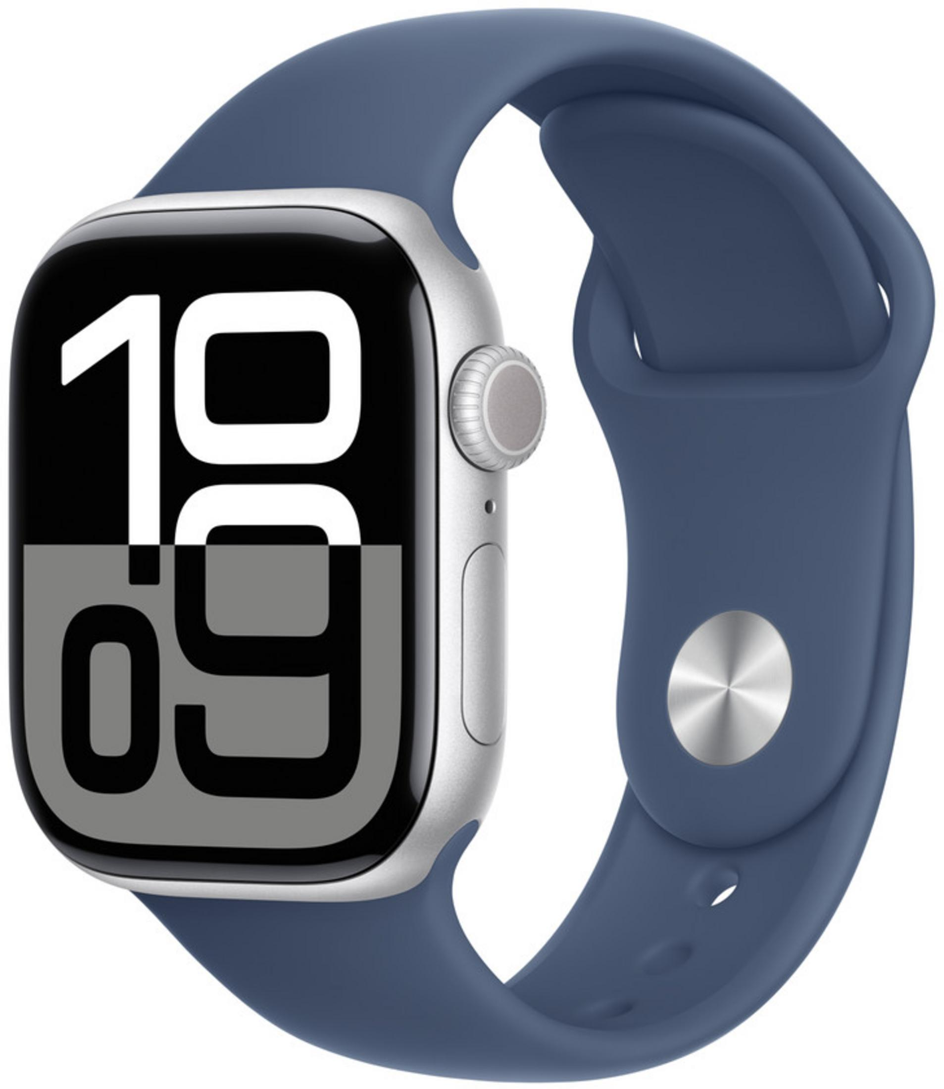 Silberne Smartwatch mit blauem Armband und digitaler Anzeige.