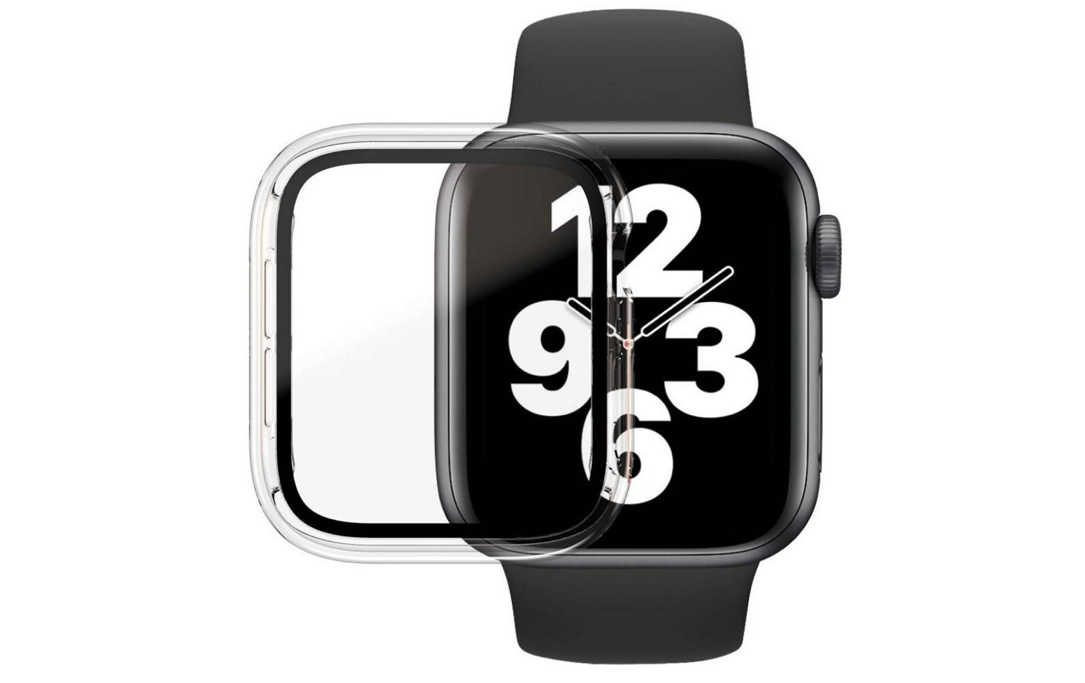 Een doorzichtige beschermhoes ligt over een zwarte Apple Watch met een witte analoge wijzerplaat.